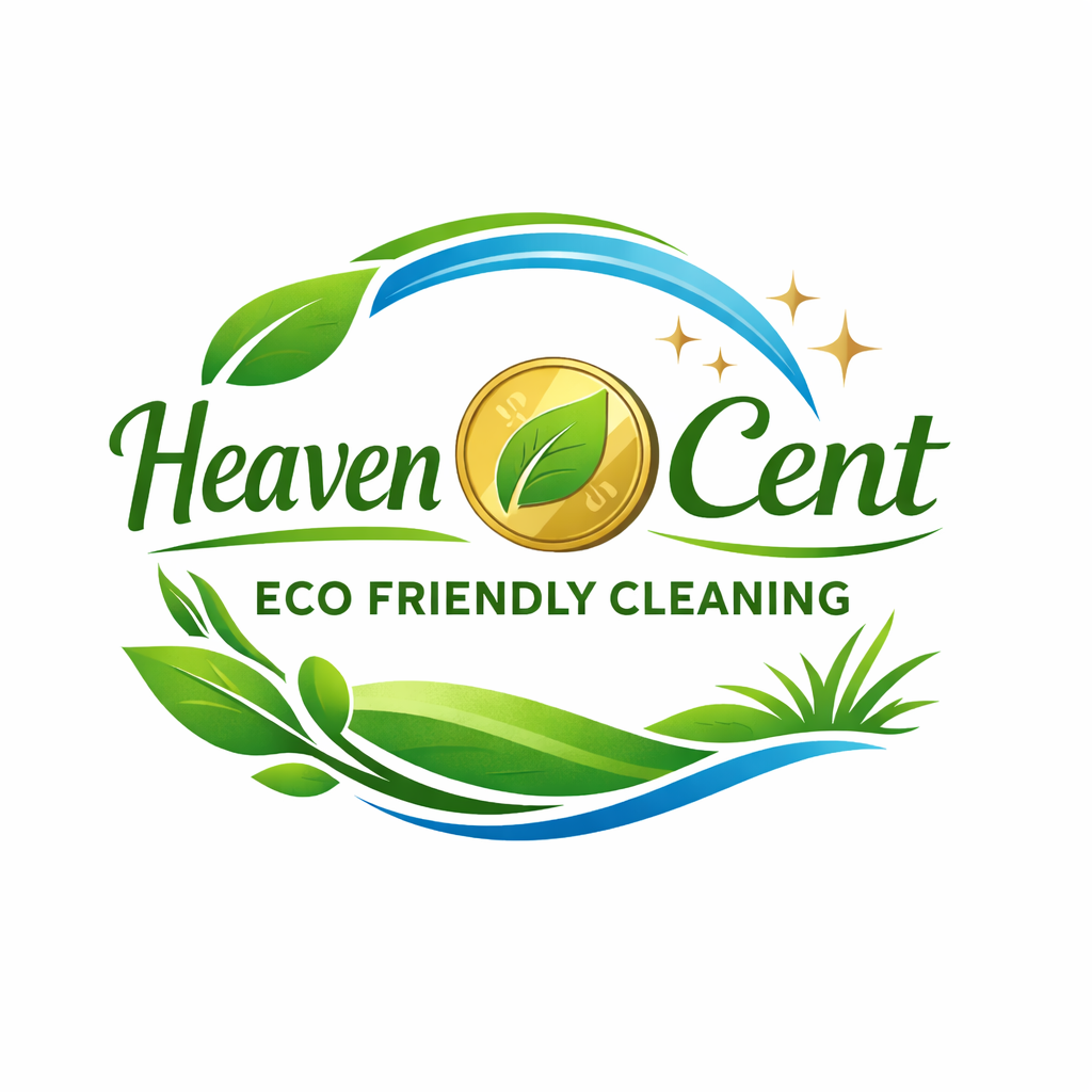 Logo for Heaven Cent featuring a coin with a green leaf, surrounded by green leaves, grass, and blue waves, with stars and the text "Heaven Cent Eco Friendly Cleaning"
