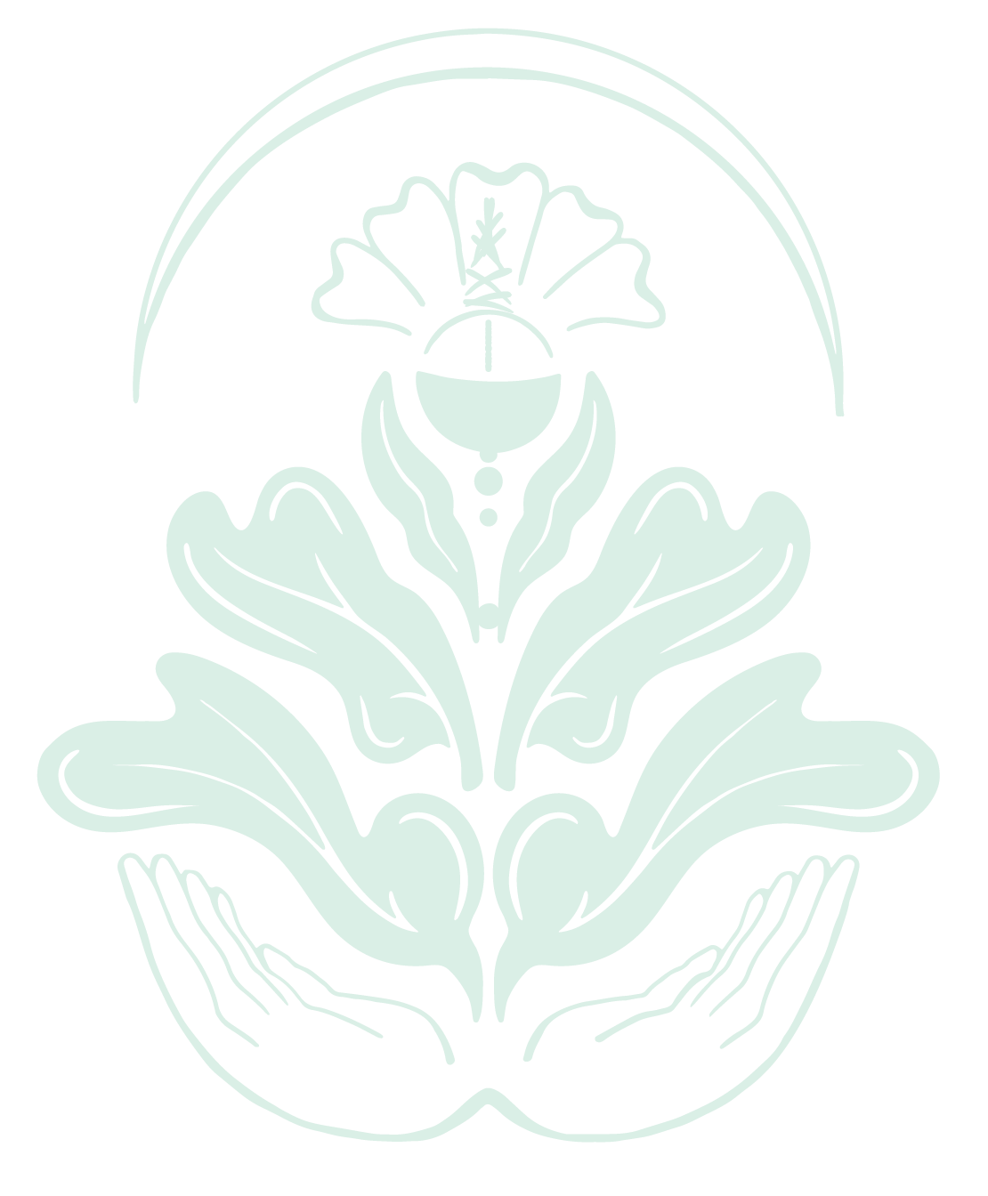 A stylized design featuring hands at the bottom, floral elements, and a cup or chalice at the top with a flower or leaf emerging from it, all in a light green color on a black background.