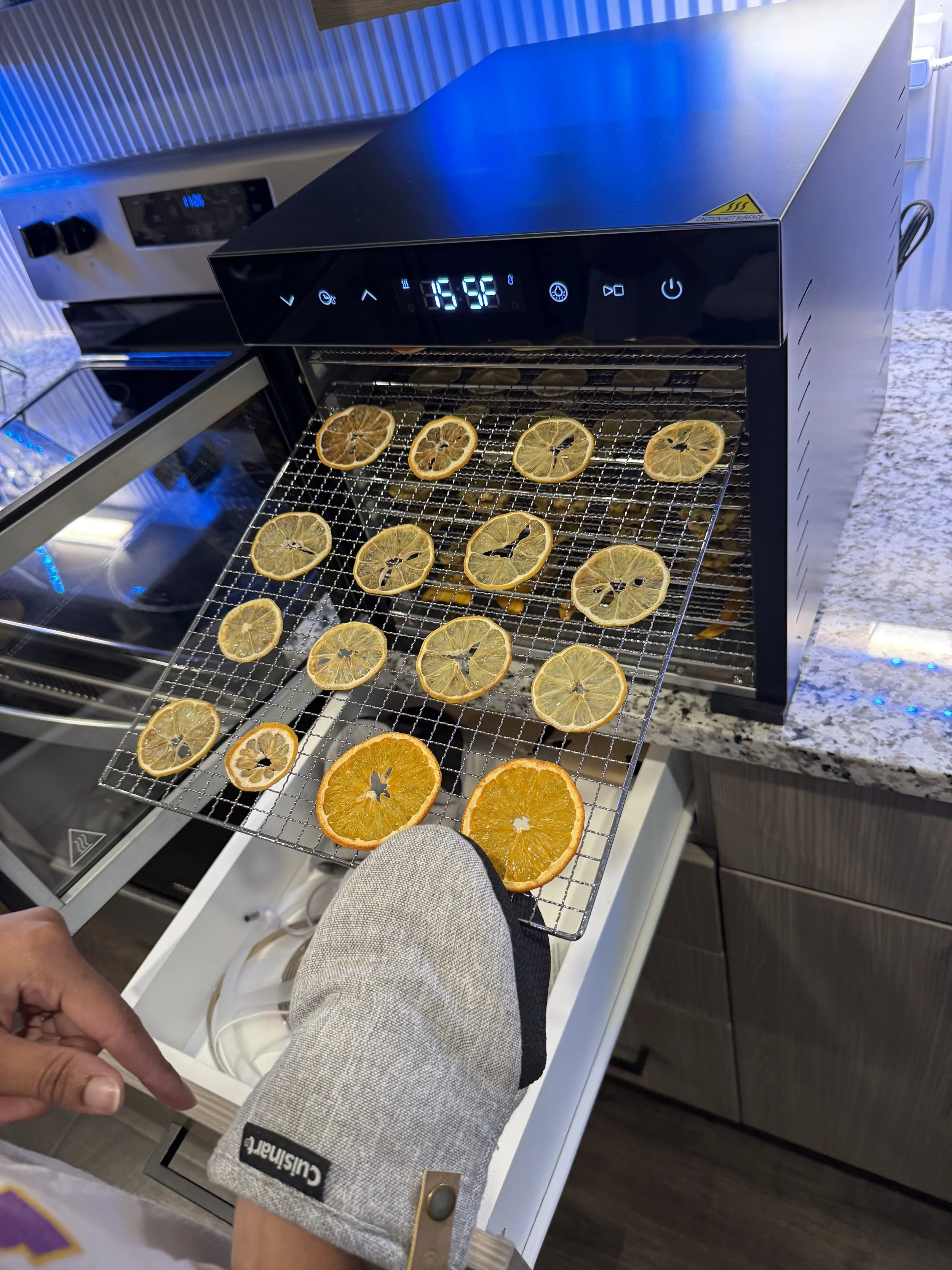 A person wearing a quilted oven mitt placing sliced dried citrus fruits on a wire rack inside a black countertop oven. The oven displays a digital clock reading 1:55 and is set to 155°F.