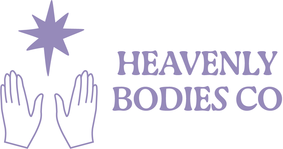 Logo for Heavenly Bodies Co featuring two outlined hands cupping a purple star.