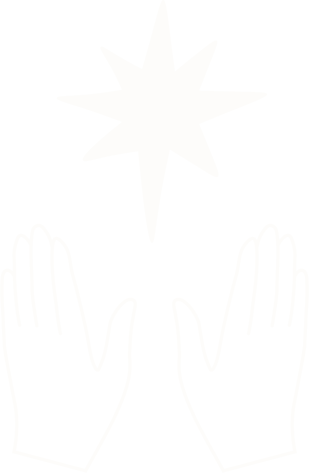 Outline illustration of two hands raised with palms facing outward, positioned beneath a radiant star or light burst against a black background.