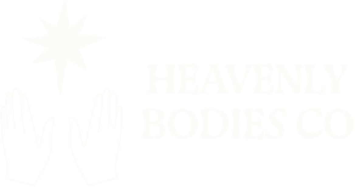 Logo for Heavenly Bodies Co with two hands reaching towards a star.