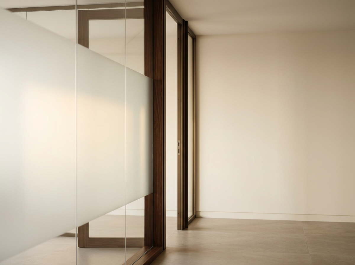 Empty room with sliding glass doors and wood trim, white walls, and light-colored flooring.