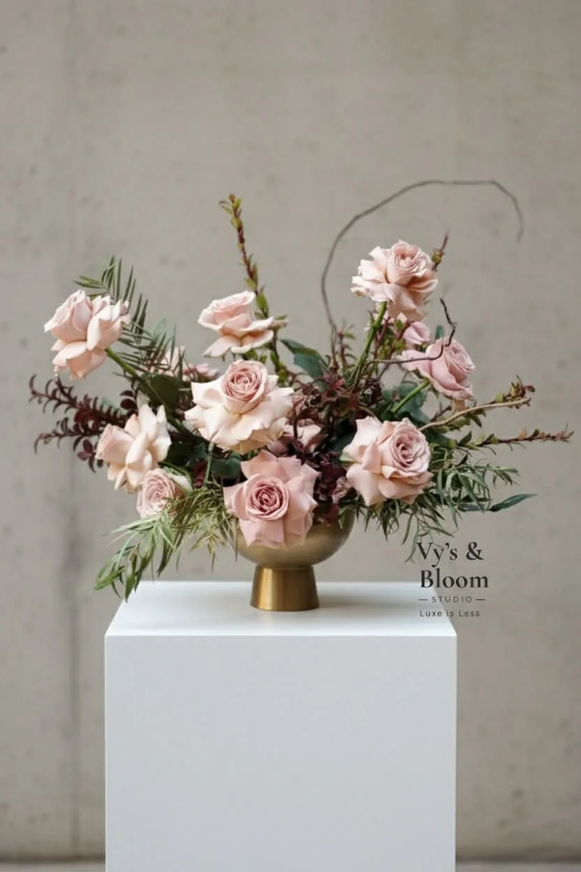 Elegant floral arrangement of pale pink roses with green foliage in a gold vase, placed on a white pedestal against a neutral background.
