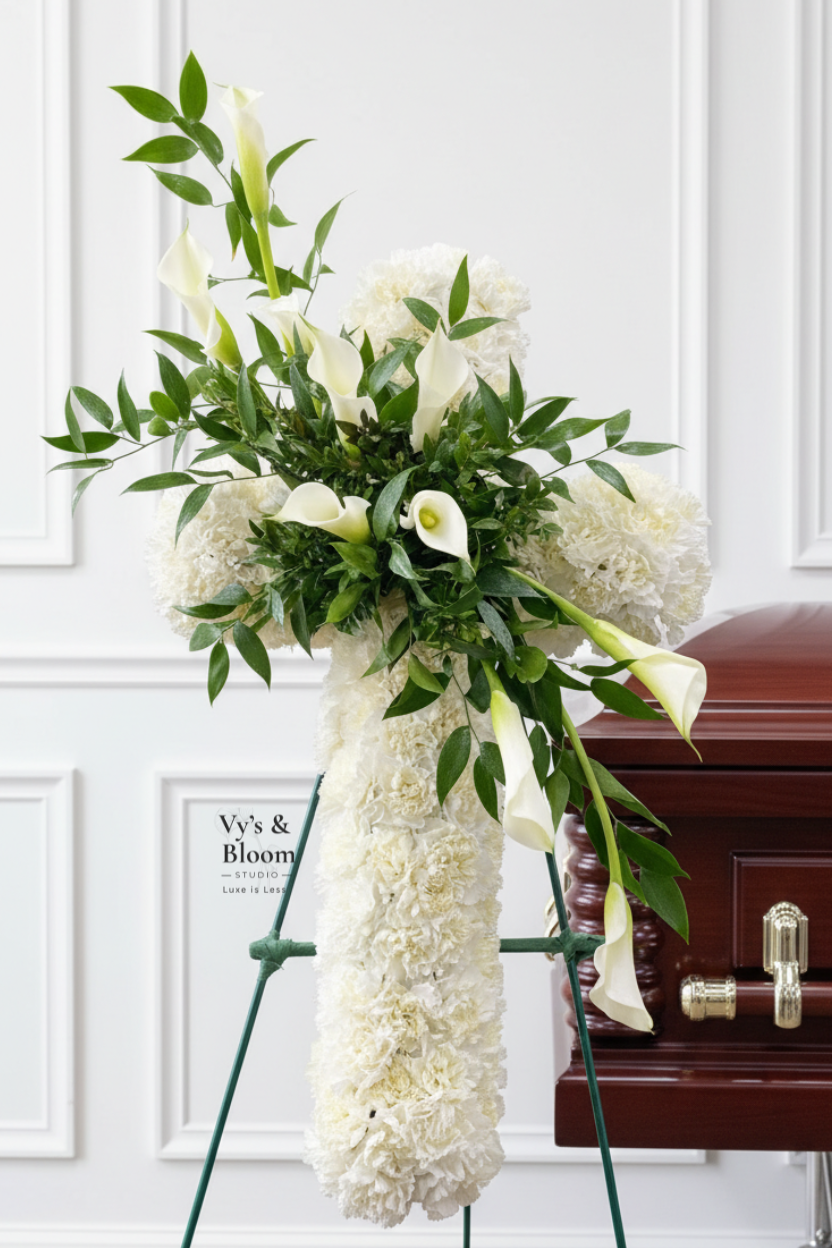 A floral arrangement on a stand with white carnations and calla lilies, accented with green foliage, set against a white wall with decorative molding.