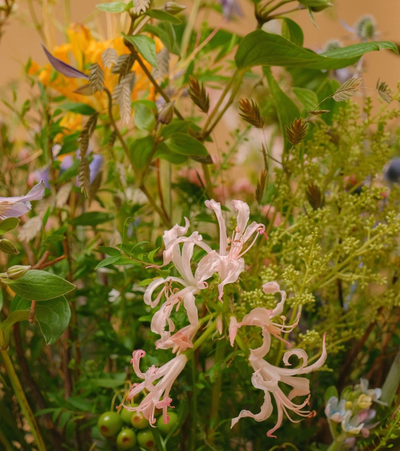 A bouquet of various flowers and green foliage.