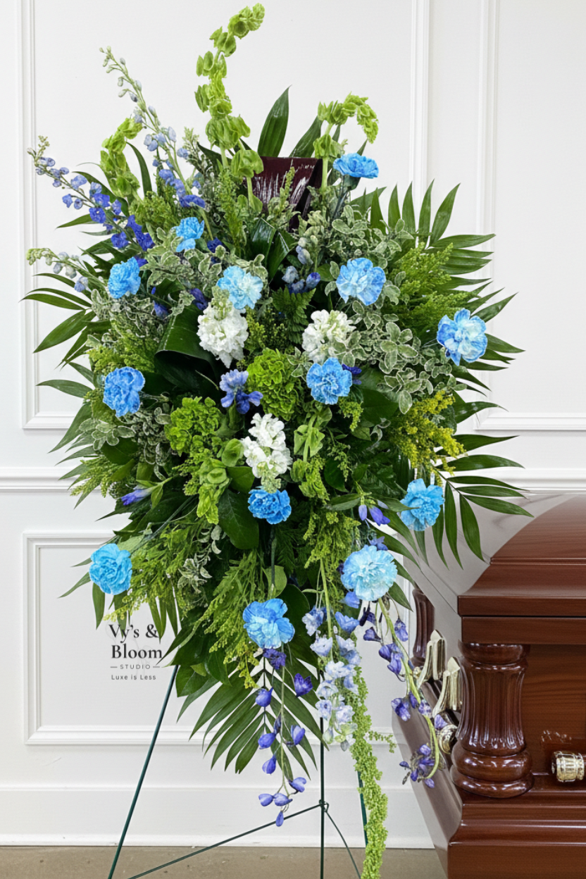 A large floral arrangement with blue, white, and purple flowers, green foliage, and ferns, placed on a stand next to a wooden piano.