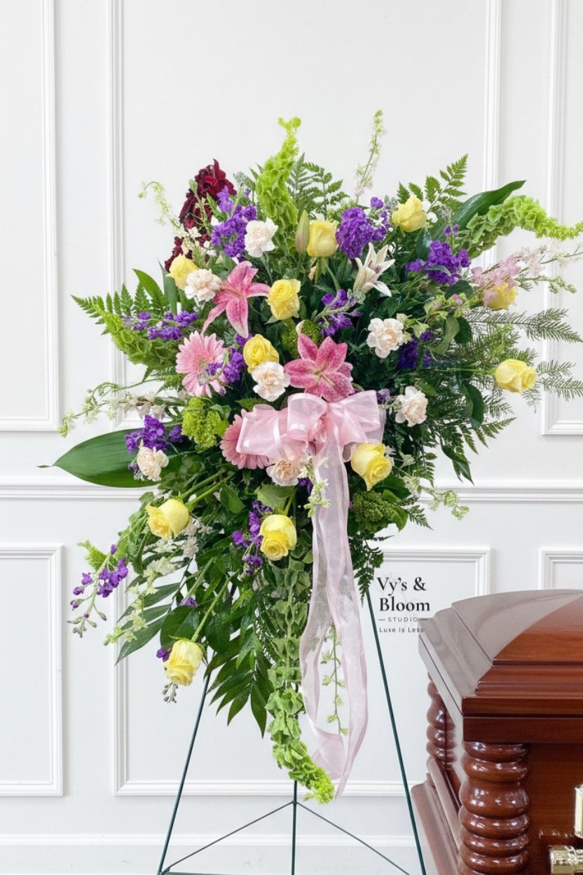 Large floral arrangement with yellow roses, pink lilies, purple statice, white carnations, and greenery, decorated with pink ribbon, placed in a funeral home or event space.
