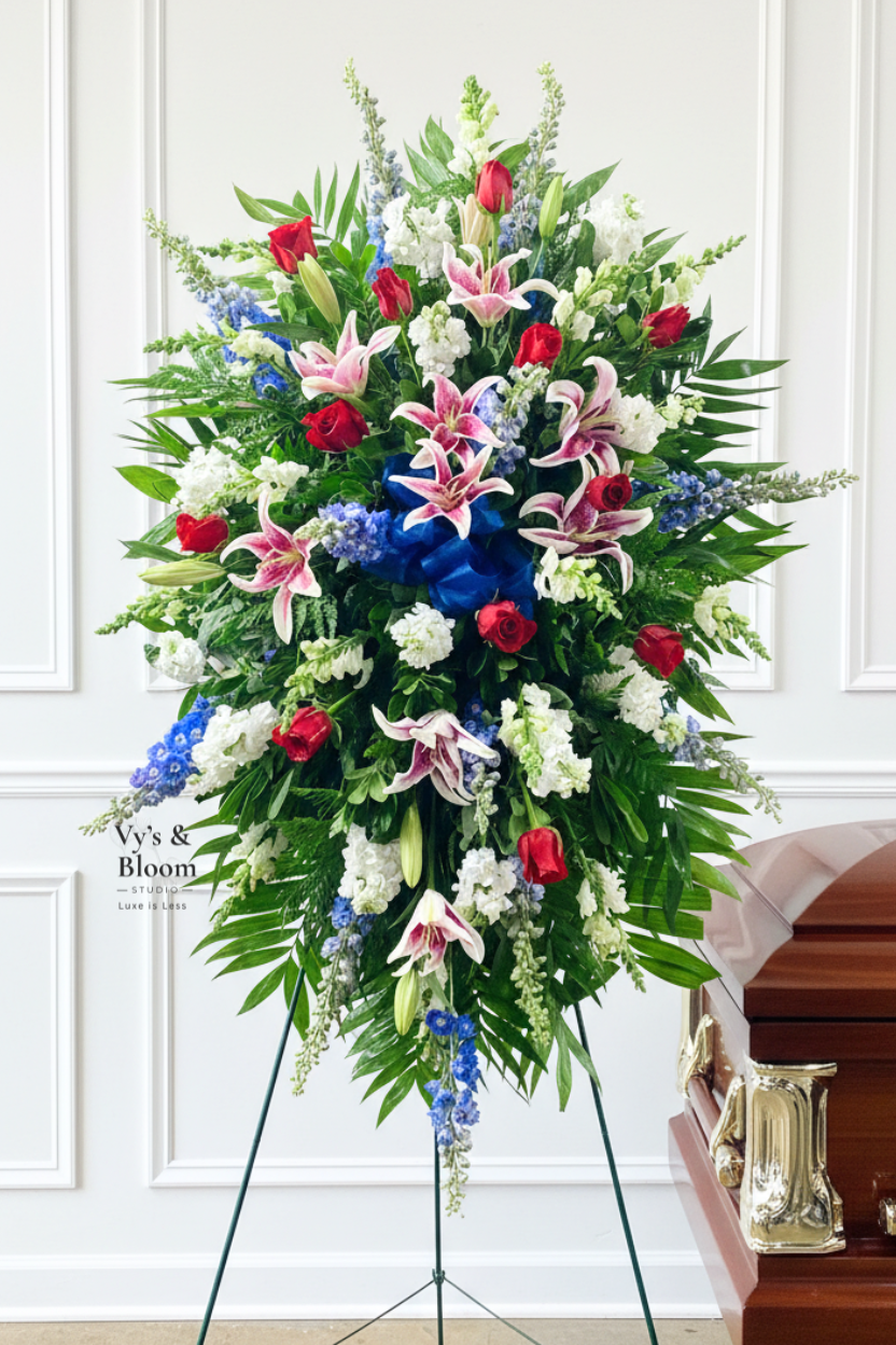 An arrangement of colorful flowers, including lilies, roses, and other blossoms, on a stand in front of a white wall with decorative paneling.