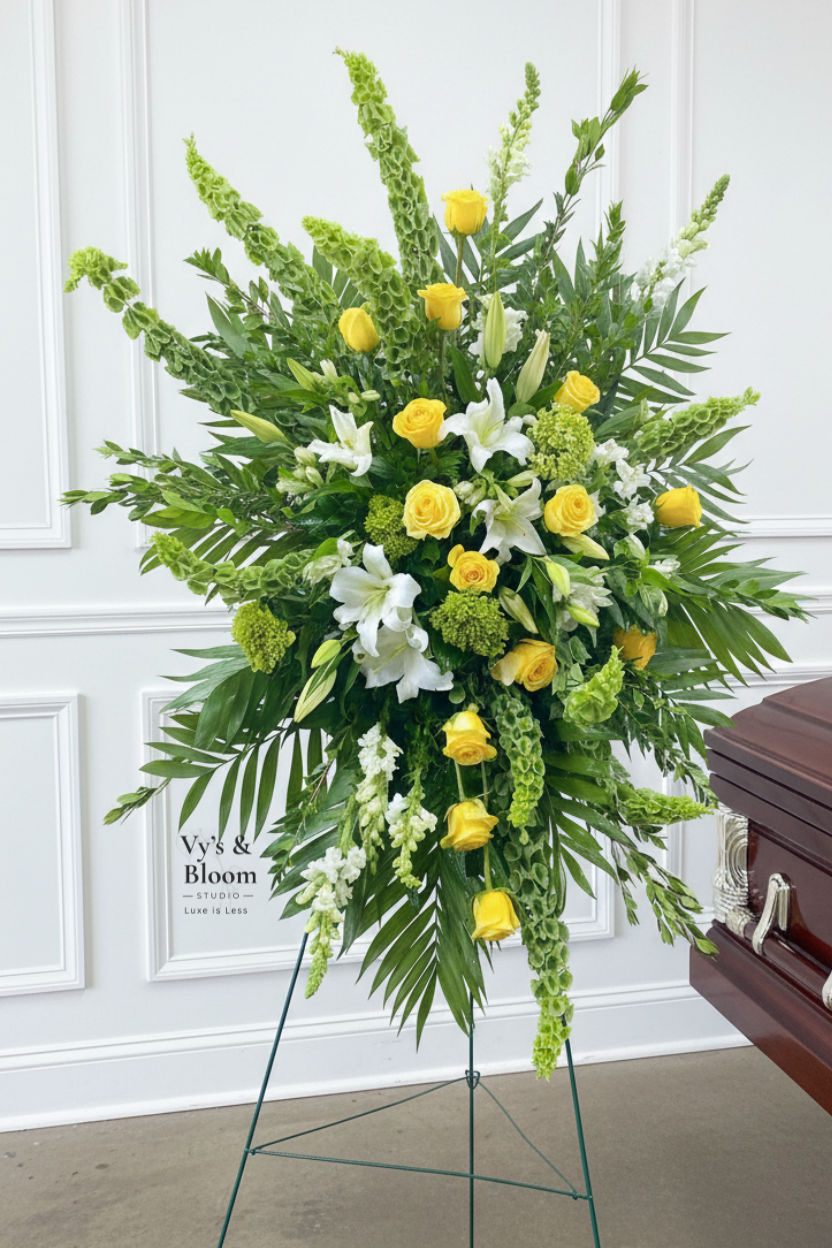 Tall floral arrangement with yellow roses, white lilies, and green foliage on a metal stand in a white room.