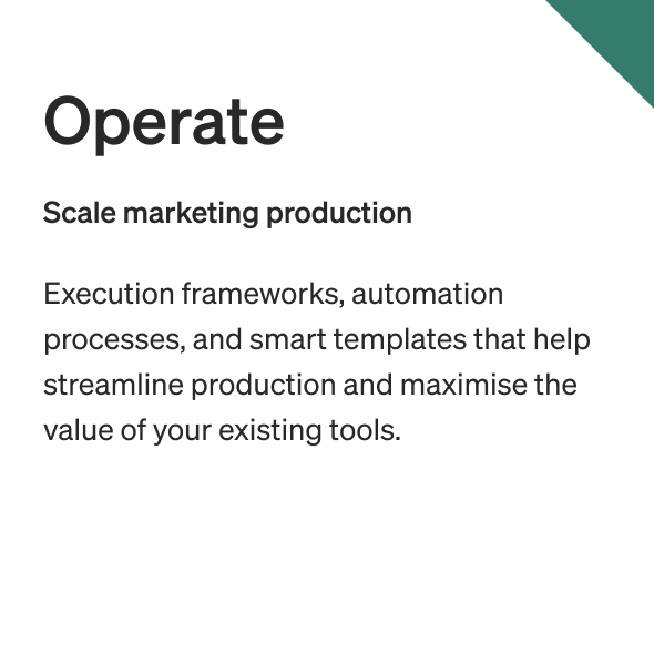 A slide with the word 'Operate' in bold, followed by 'Scale marketing production' and a paragraph about execution frameworks, automation processes, and smart templates to streamline production and maximize existing tools.