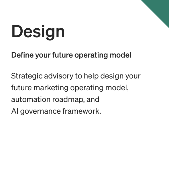 Slide titled 'Design' with text about defining future operating models, marketing automation, and AI governance framework.