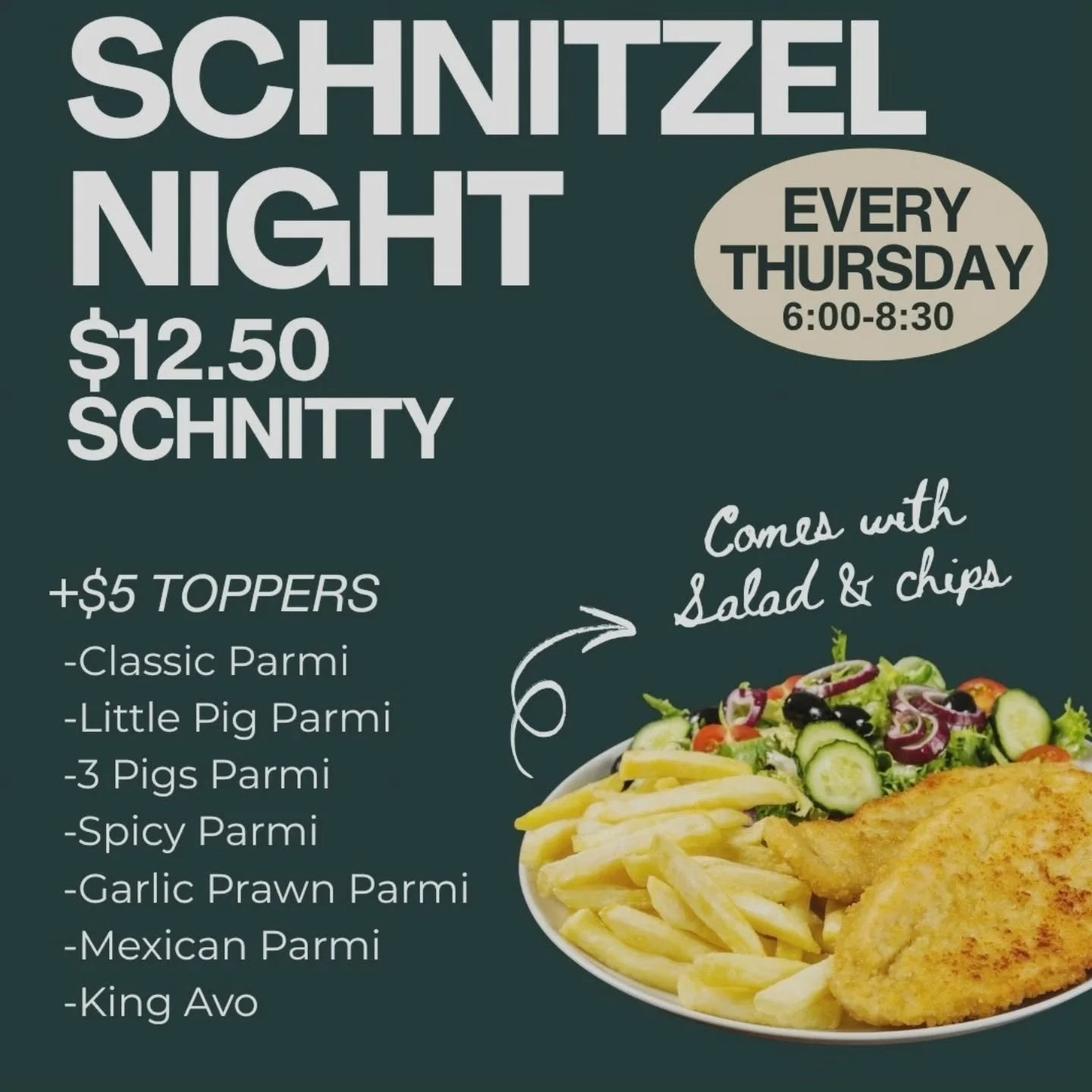 🔥$12.50 SCHNITTY NIGHT 

🍻Happy Hour 

🃏Joker Poker 

⏰️Bistro open ~ 6pm to 8.30pm 
☎️4990 1002 for bookings 

We love Thursday Night here are Tink's and we look forward to seeing you!! 😊