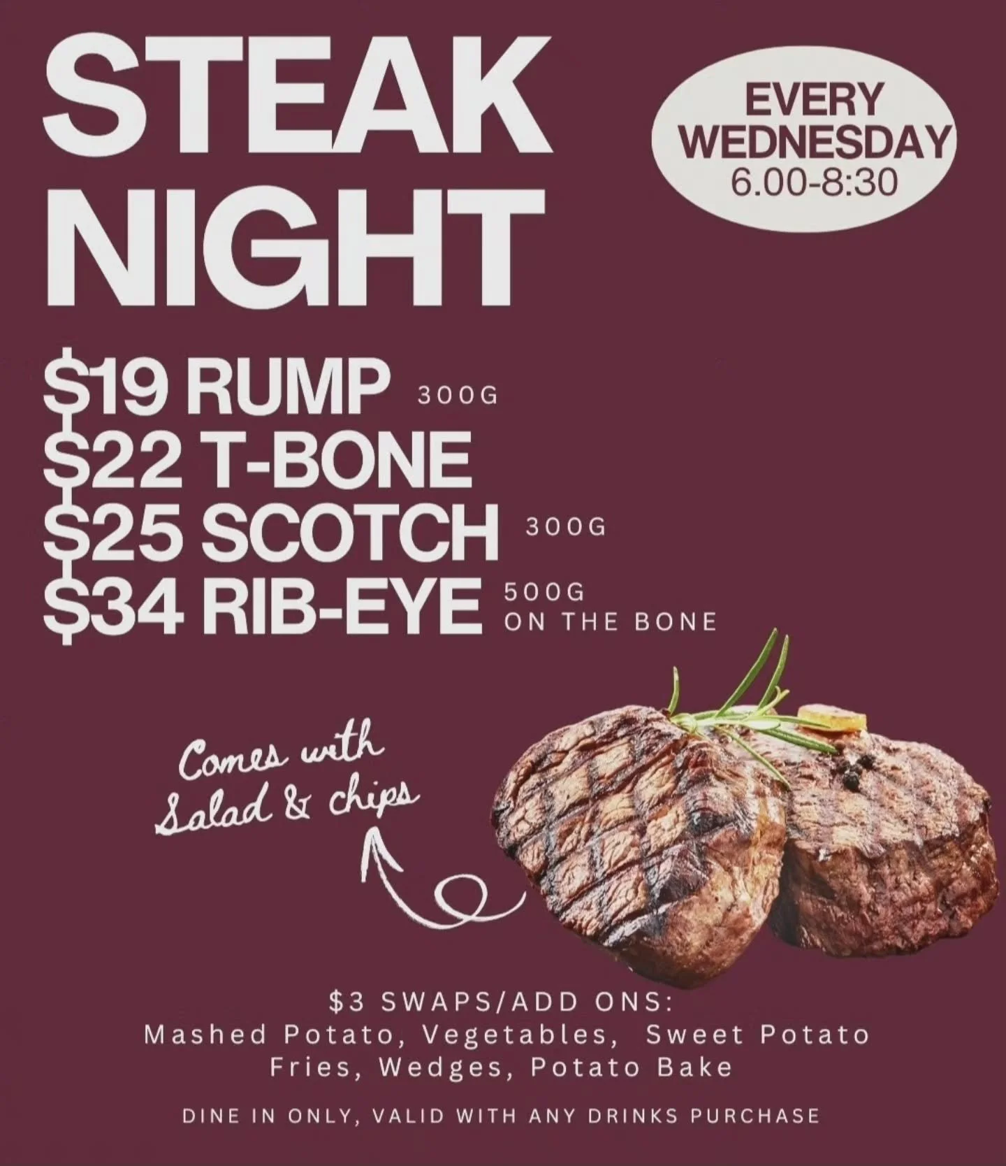 📣Attention all Carnivores!!

🥩Wednesday night is Steak Night!

🤤Juicy, succulent steak cooked to your liking!

⏰️Bistro open ~ 6pm to 8.30pm 
☎️4990 1002 for bookings 

😊See you soon at Tink's ~ The place to be.