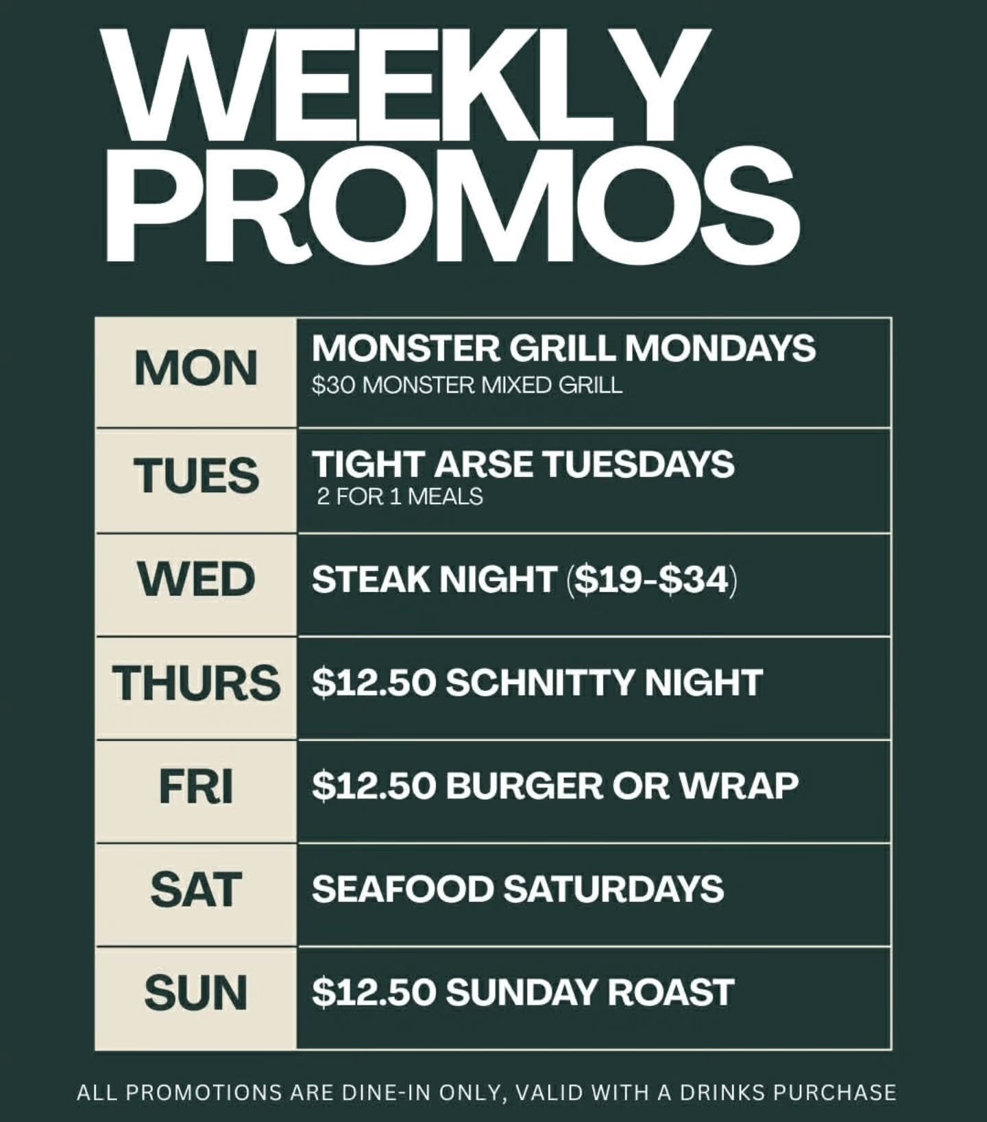 We've got you covered all week long! With unbelievable prices and delicious Pub Grub 😁

From Monster Grills, Succulent Steaks, Sizzling Schnitzels, Bangin Burgers, Seafood Saturday's and Sunday Roasts! 👌

What's your go to special? 🤔