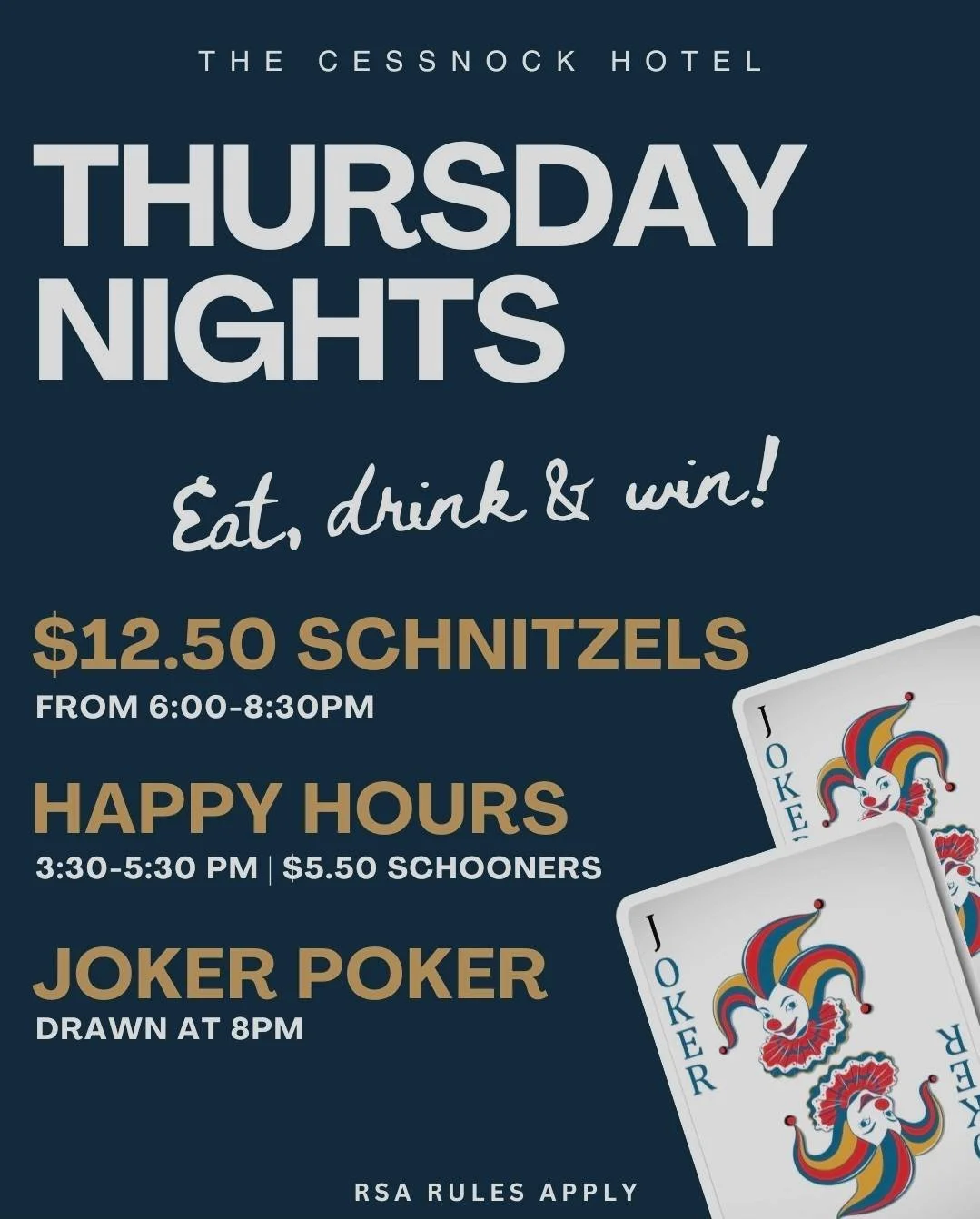 Event poster for The Cessnock Hotel advertising Thursday night specials, including $12.50 schnitzels from 6:00-8:30 PM, happy hour from 3:30-5:30 PM with $5.50 schooners, and a joker poker game drawn at 8:00 PM, with RSA rules.