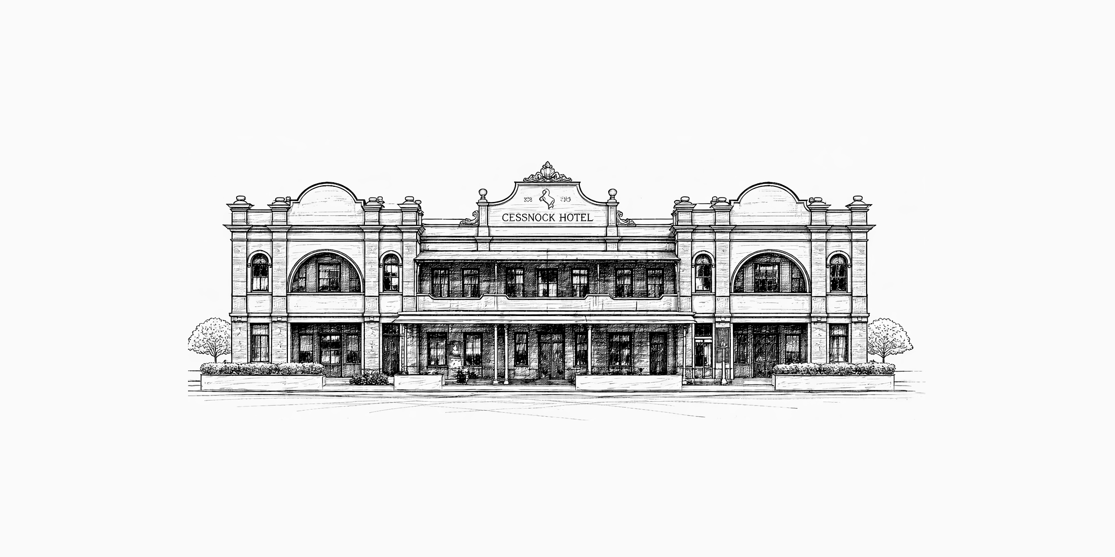 Sketch of a historic two-story hotel named Cessnock Hotel with arched windows, decorative roof crest, and surrounding trees.