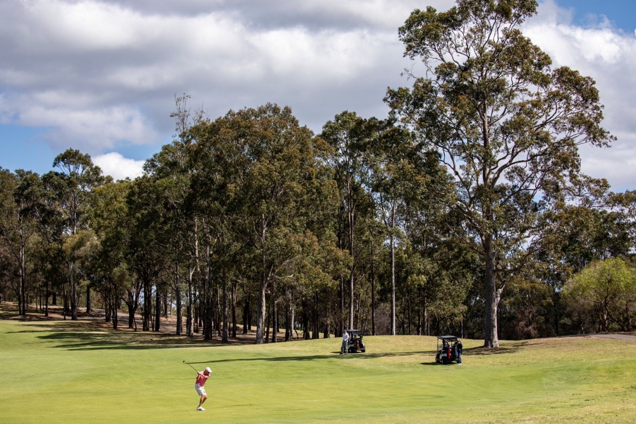 A person playing golf on a grassy course with three golf carts parked nearby, surrounded by tall trees and partly cloudy sky.