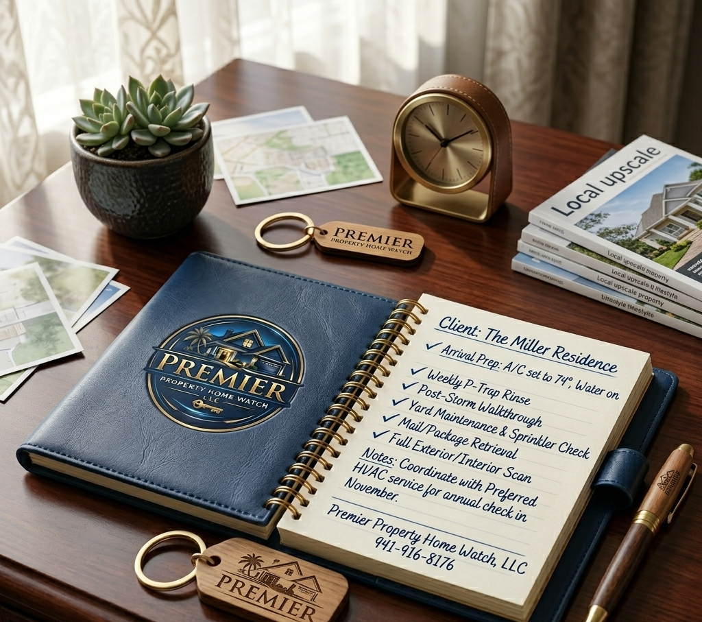 A desk with real estate materials including photos, a blue Premier Property Home Watch LLC binder, notes for a client, a keychain, a clock, and magazines about local upscale properties.
