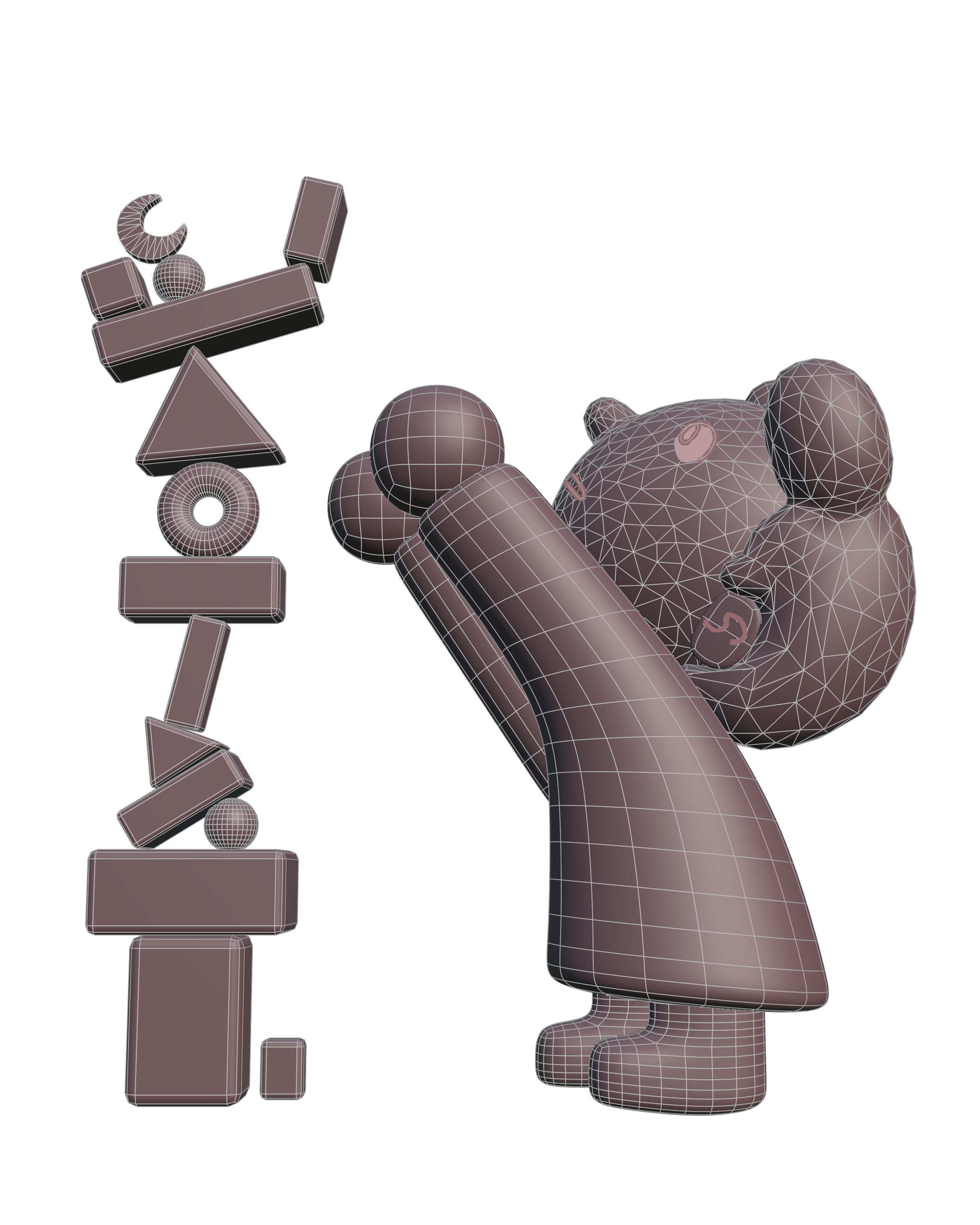 3D wireframe model of a person lying in bed, holding a smartphone, with various geometric shapes around them.