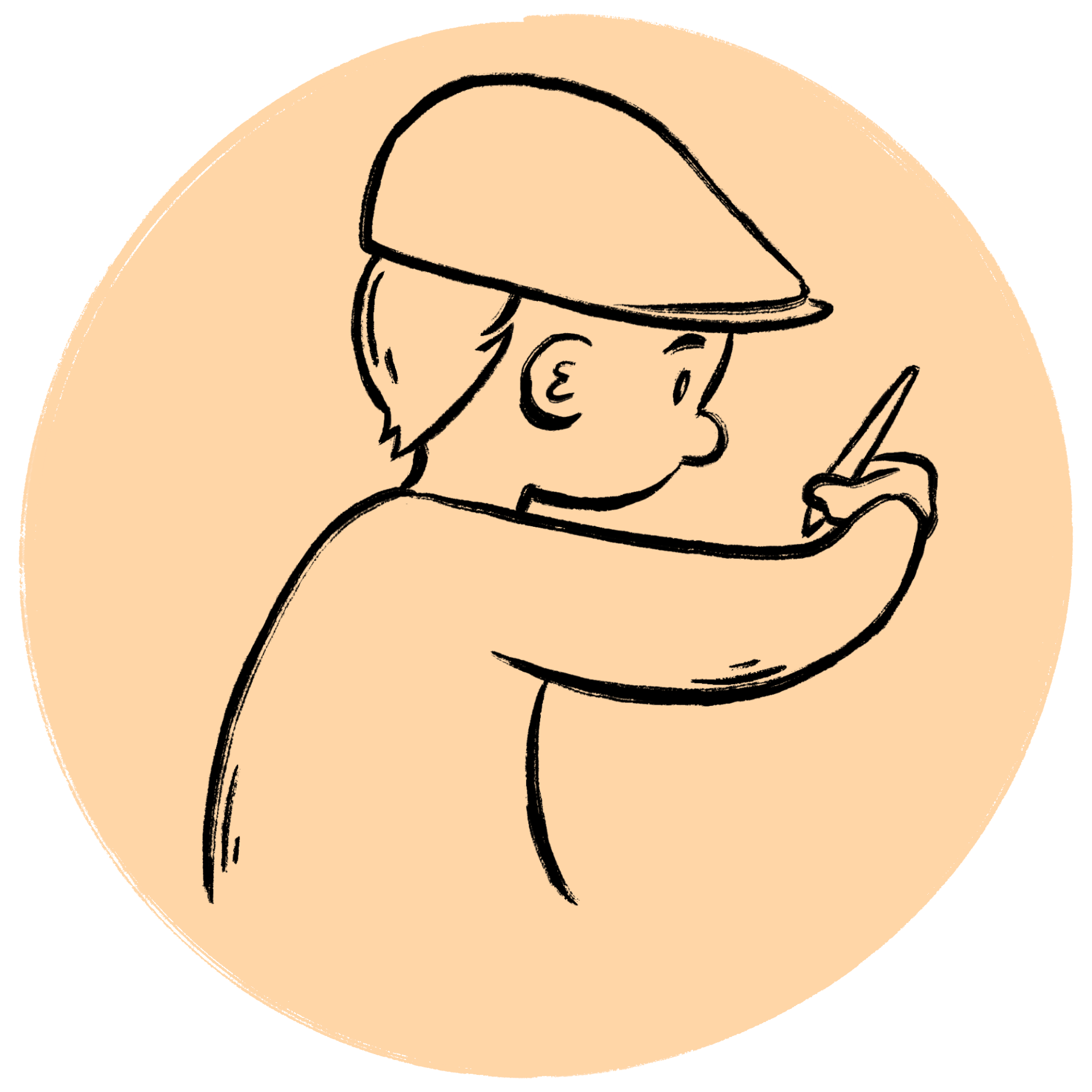 A simple line drawing of a person wearing a hat, viewed in profile, holding a pen and working or drawing.