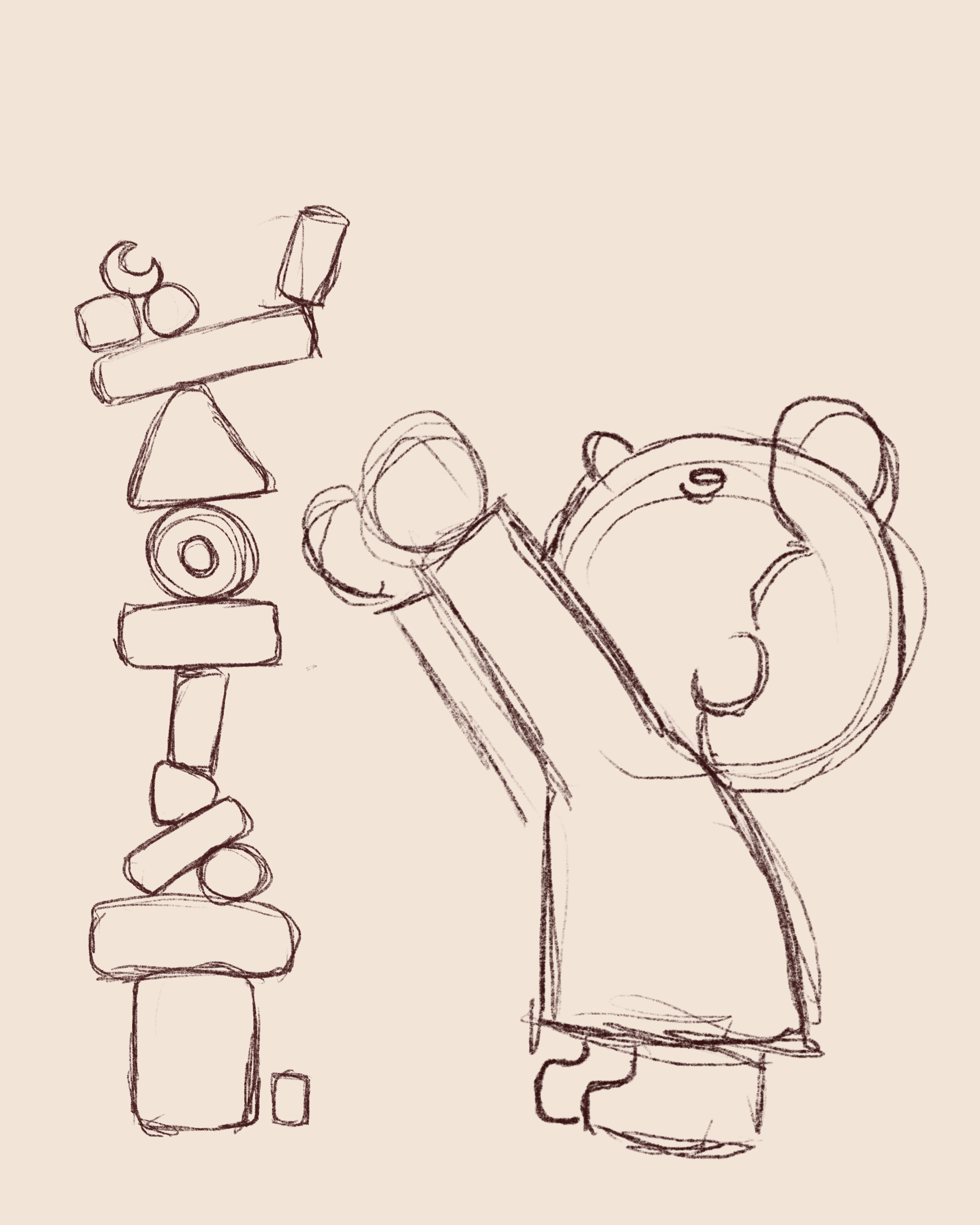 A child leaning on a large alarm clock with a bear face, and a set of stacked rocks on the left.
