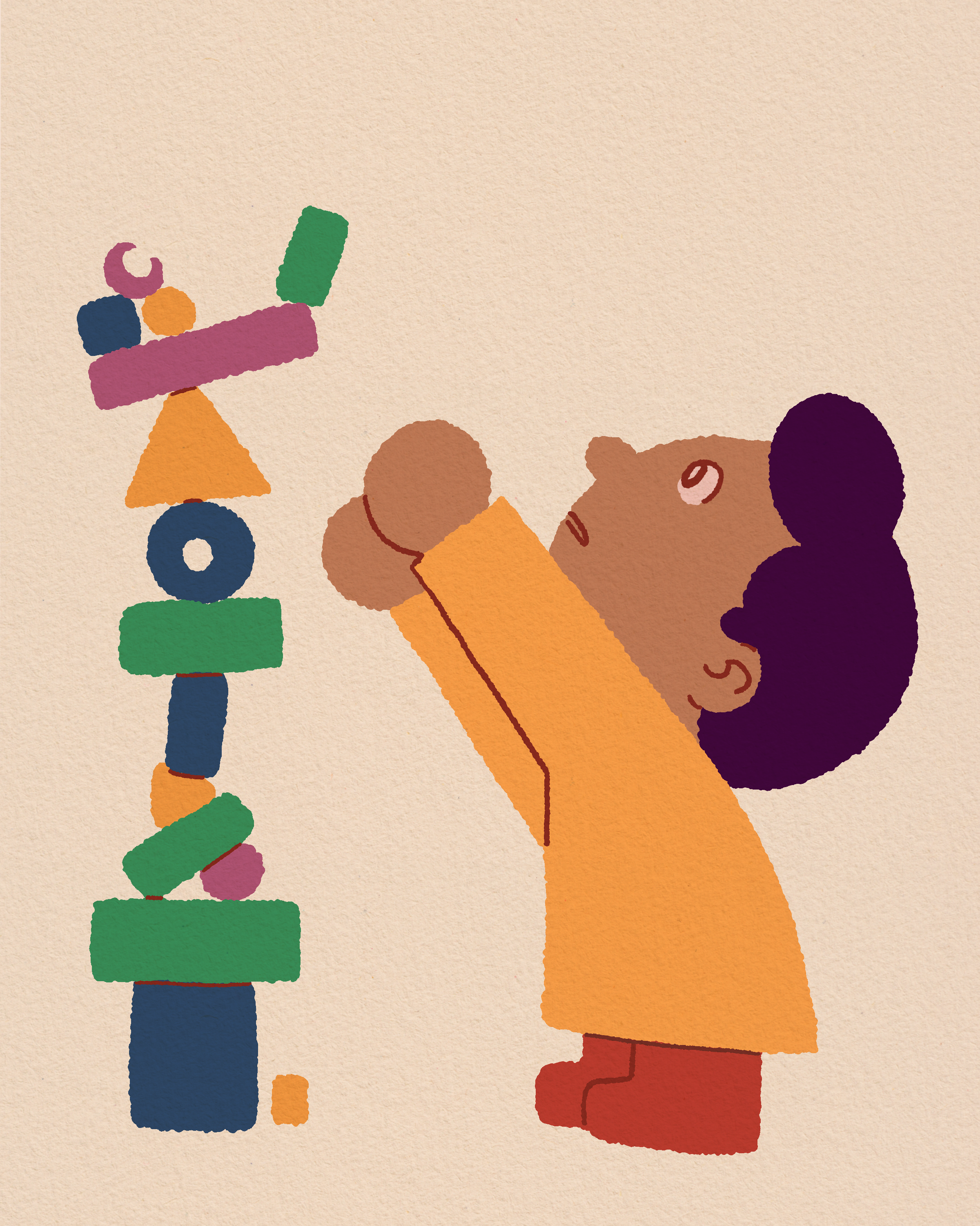 Drawing of a young boy in orange clothing playing with colorful geometric blocks.