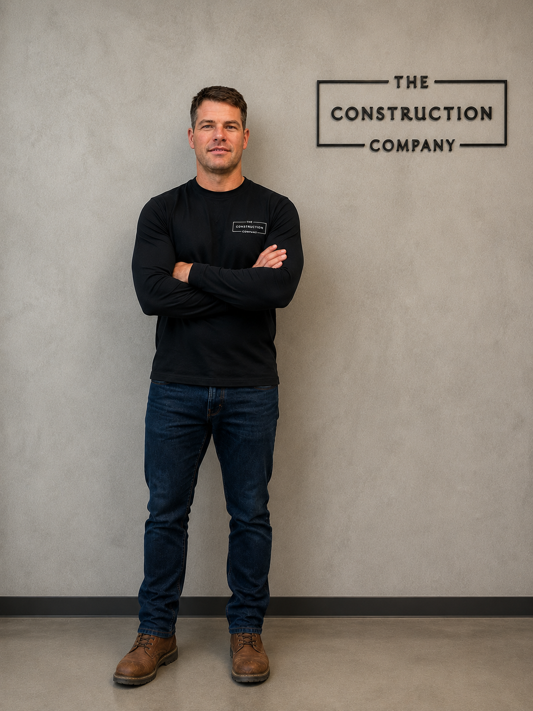 Managing Director William Denysschen with short brown hair and light skin stands with arms crossed in front of a beige wall, wearing a black long sleeve shirt, jeans, and brown work boots, in front of a sign that reads, "The Construction Company."