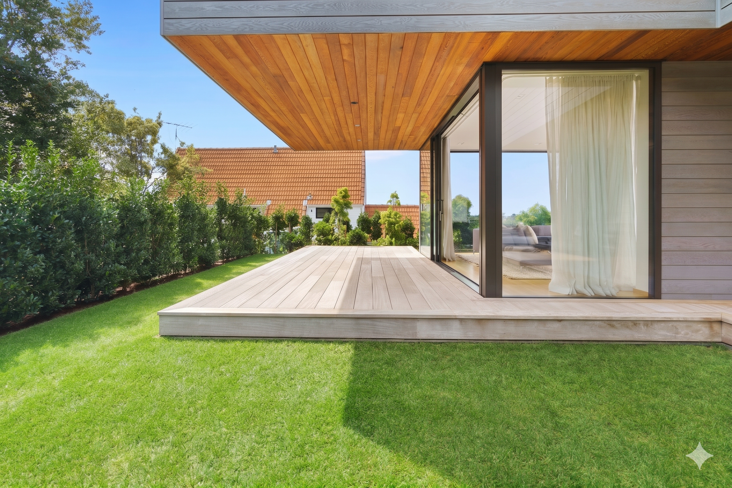 Modern house exterior with a wooden porch, large sliding glass door with curtains, green lawn, trees, and neighboring houses with red tiled roofs under a clear blue sky.