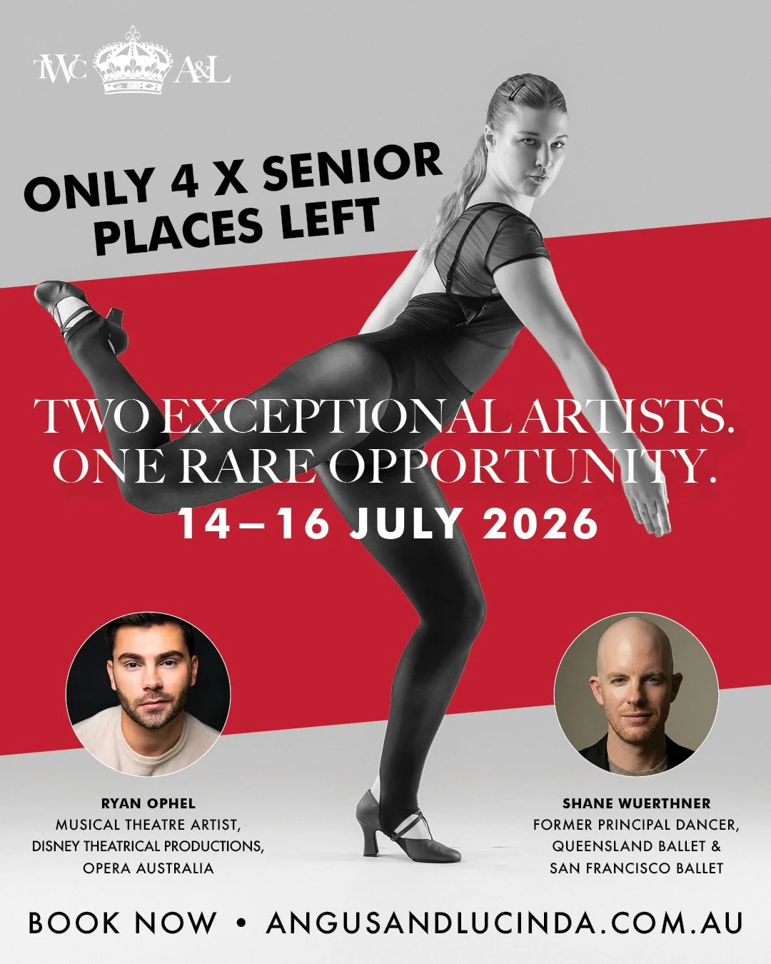 4 SENIOR PLACES LEFT.
That's it!

If you've been sitting on this &mdash; now is the moment to book.

Ryan Ophel &middot; Shane Wuerthner &middot; Ms Lucinda &middot; Mr Angus
14&ndash;16 July &middot; Bowral NSW
Ages 14 and up &middot; Any dancer wel