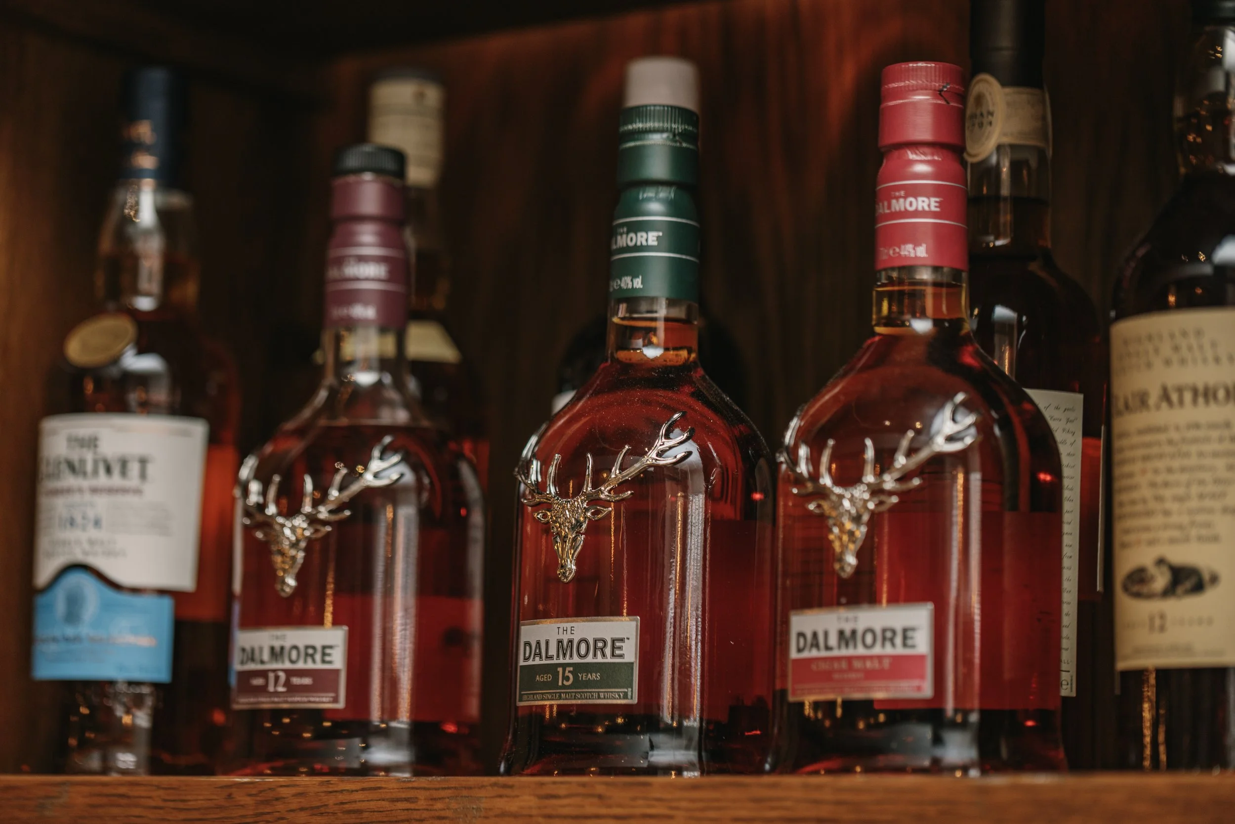 Selection of Dalmore Scottish whisky on the gantry of Dulse Edinburgh