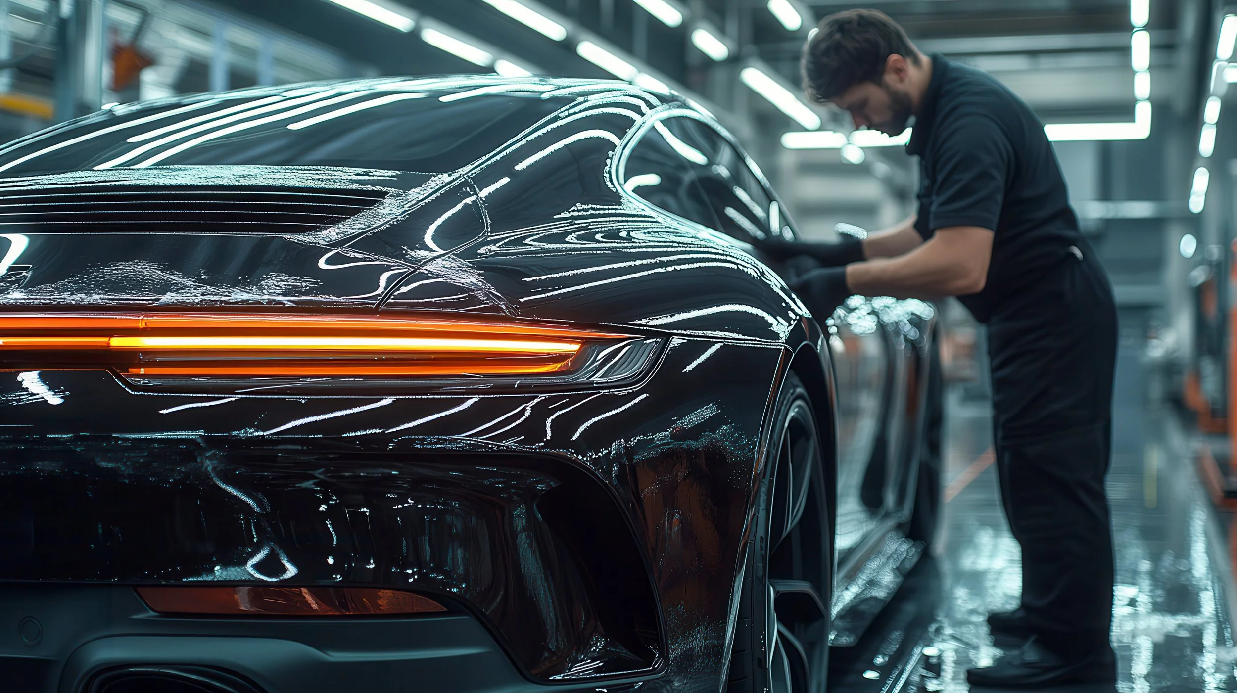 A technician inspecting a sleek black car in an illuminated automotive manufacturing or repair facility.