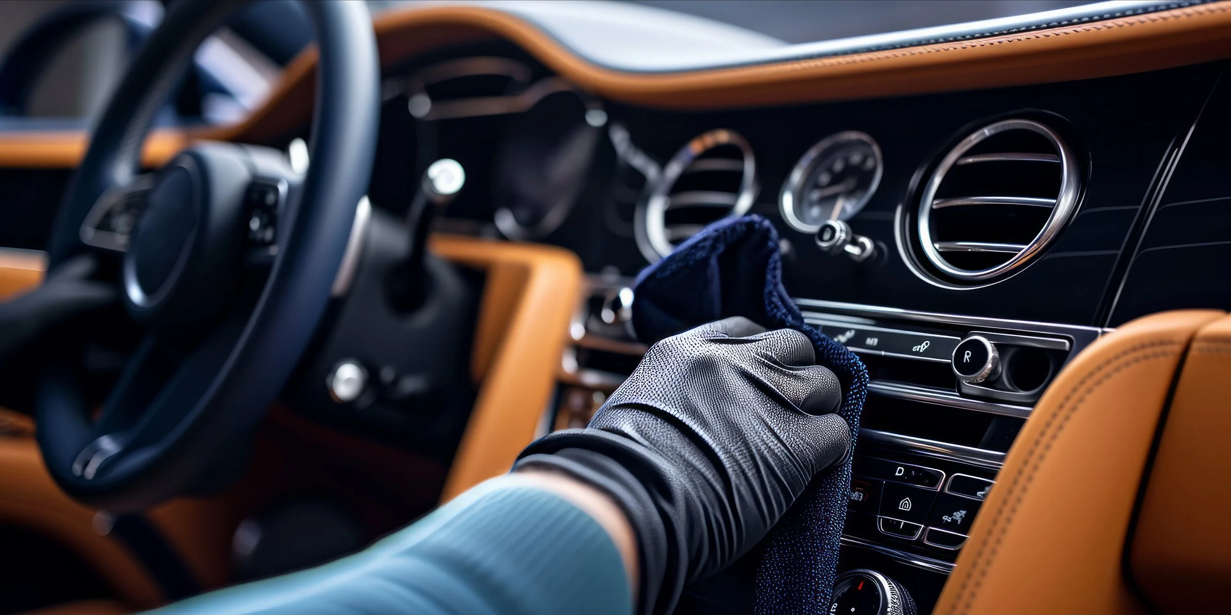 Close-up of a person's gloved hand cleaning a car's dashboard with a cloth. The dashboard has round air vents and control buttons.