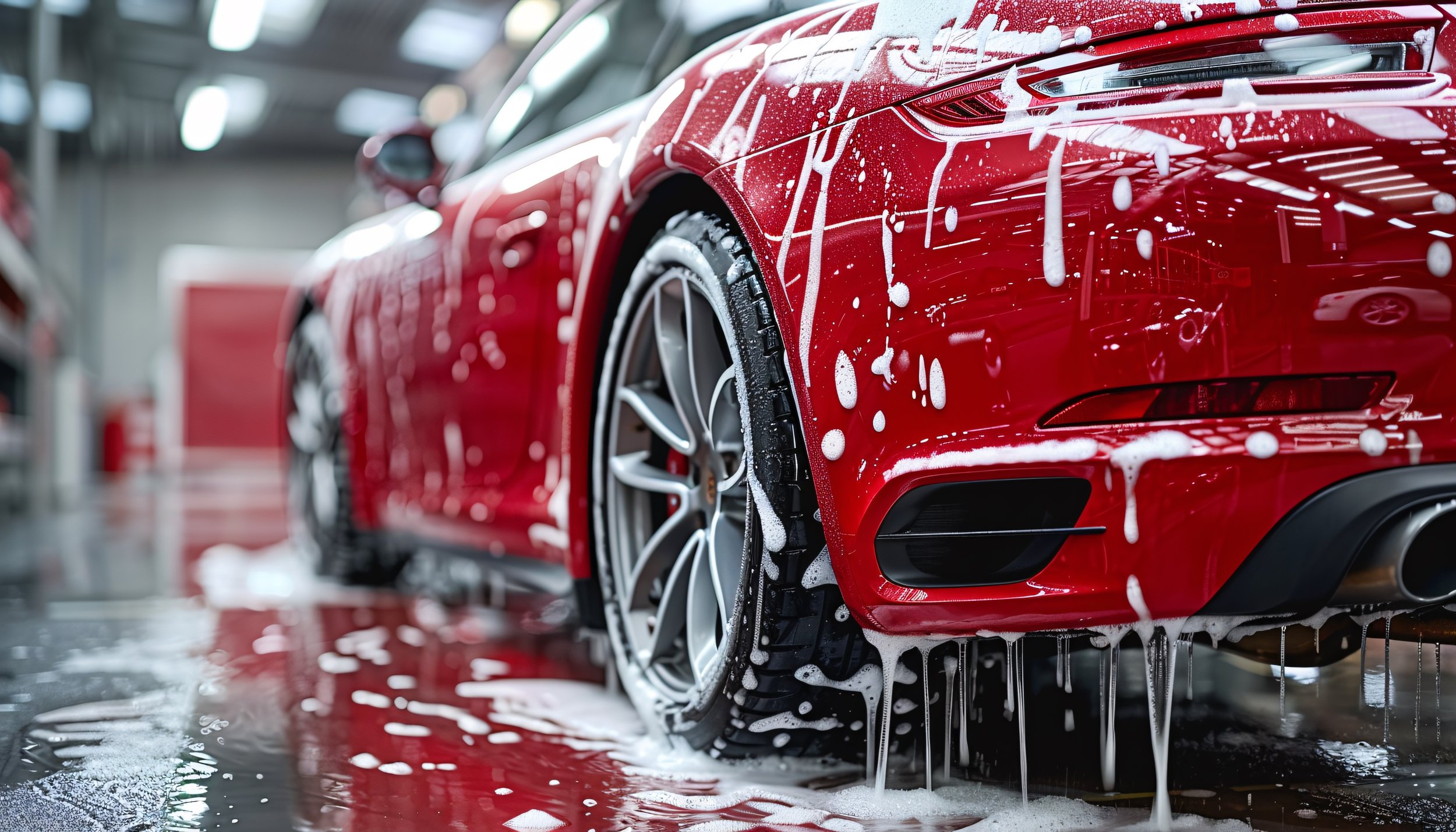 A red sports car being rinsed with soap and water at a car wash, with foam on the body and wheel.
