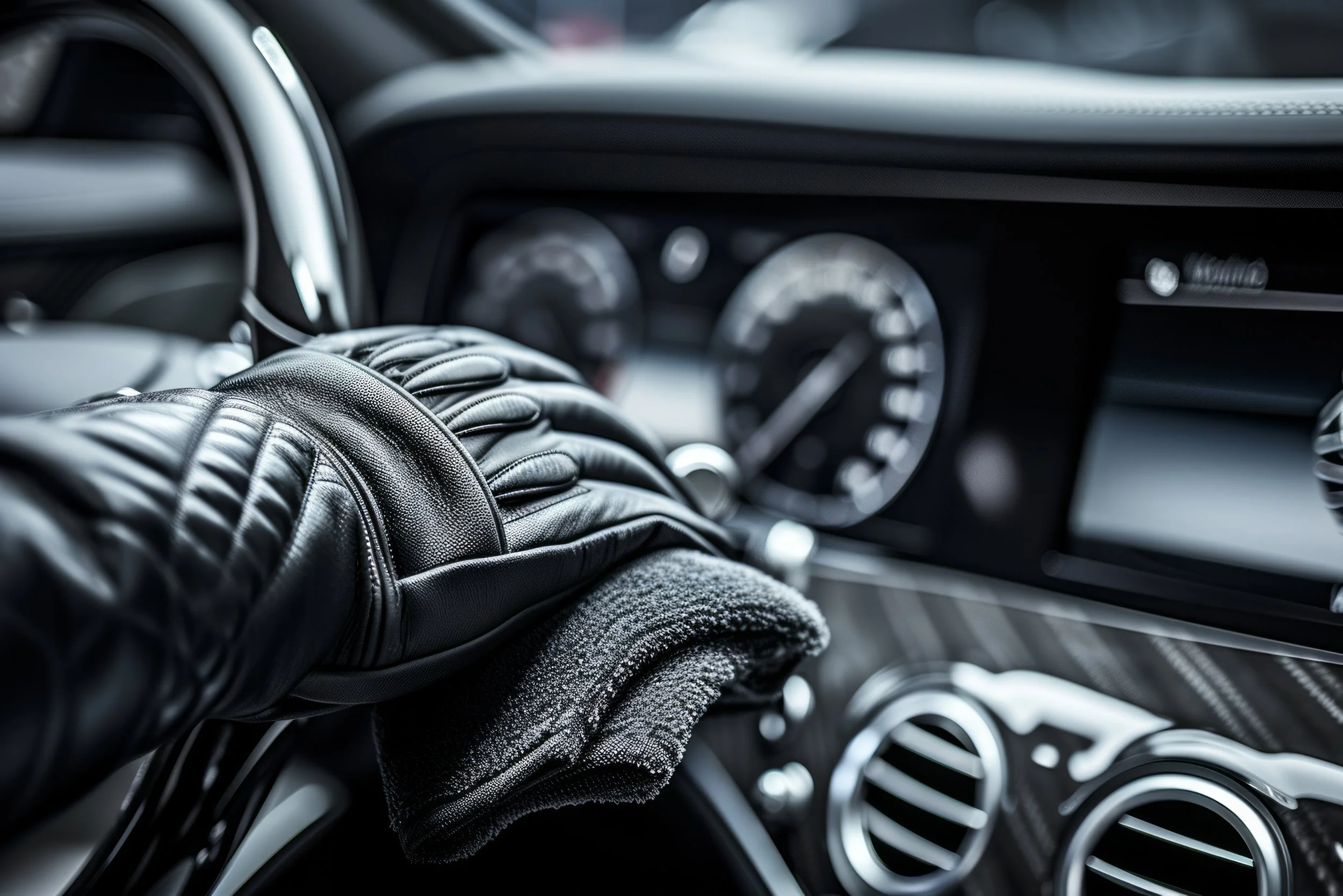 A person wearing black leather gloves cleaning the dashboard of a car with a microfiber cloth, with the car's instrument cluster and air vents visible.
