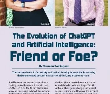 Cover of a book titled "The Evolution of ChatGPT and Artificial Intelligence: Friend or Foe?" by Shannon Dominguez, with images of a man and a woman on either side.