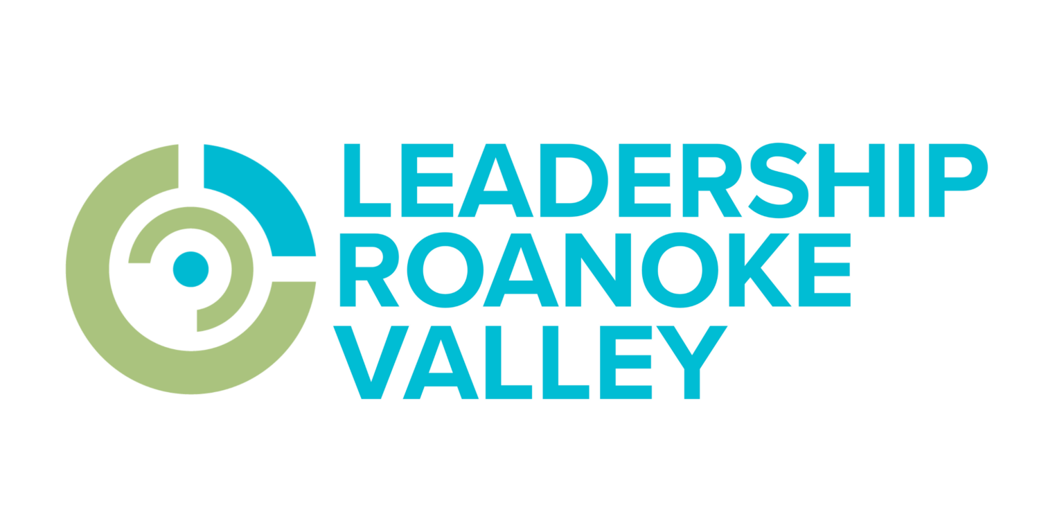 Logo of Leadership Roanoke Valley with circular graphic in green and blue and text in bold blue letters.