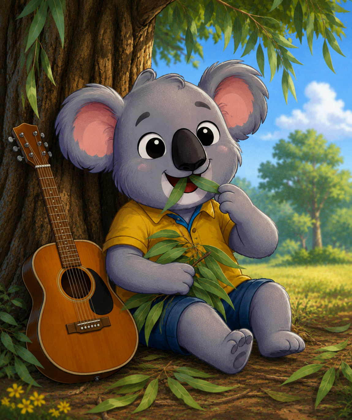 A cartoon koala bear sitting under a tree, holding a leaf in its mouth, with a guitar leaning against the tree. The koala is wearing a yellow shirt and blue shorts, with a background of green trees and a blue sky.
