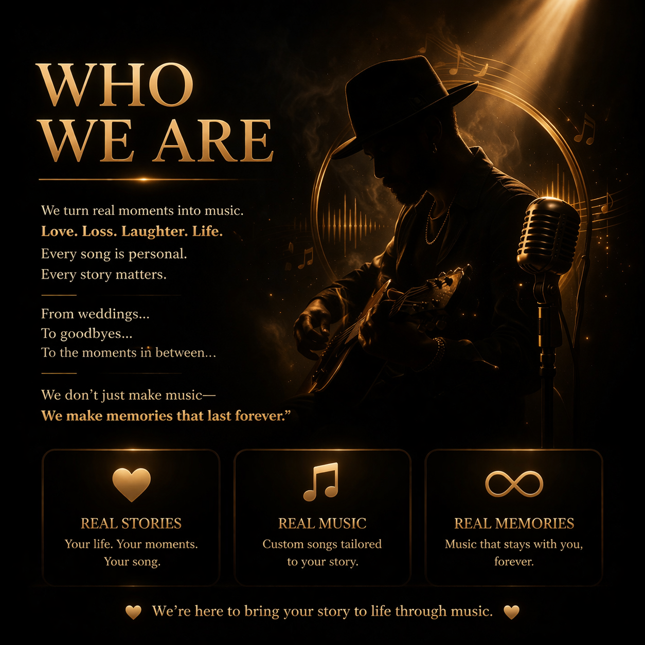 A promotional image for a music service featuring a silhouette of a person playing guitar and singing into a vintage microphone, illuminated with warm, golden lighting, with musical notes and sound waves in the background. Text emphasizes turning moments into music and creating lasting memories.