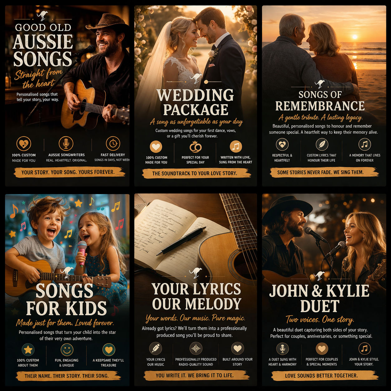 Advertisements for custom song and wedding music services, featuring images of a musician playing guitar, a wedding couple, elderly couple on the beach at sunset, children singing, open lyrics book with guitar, and a duet performance.