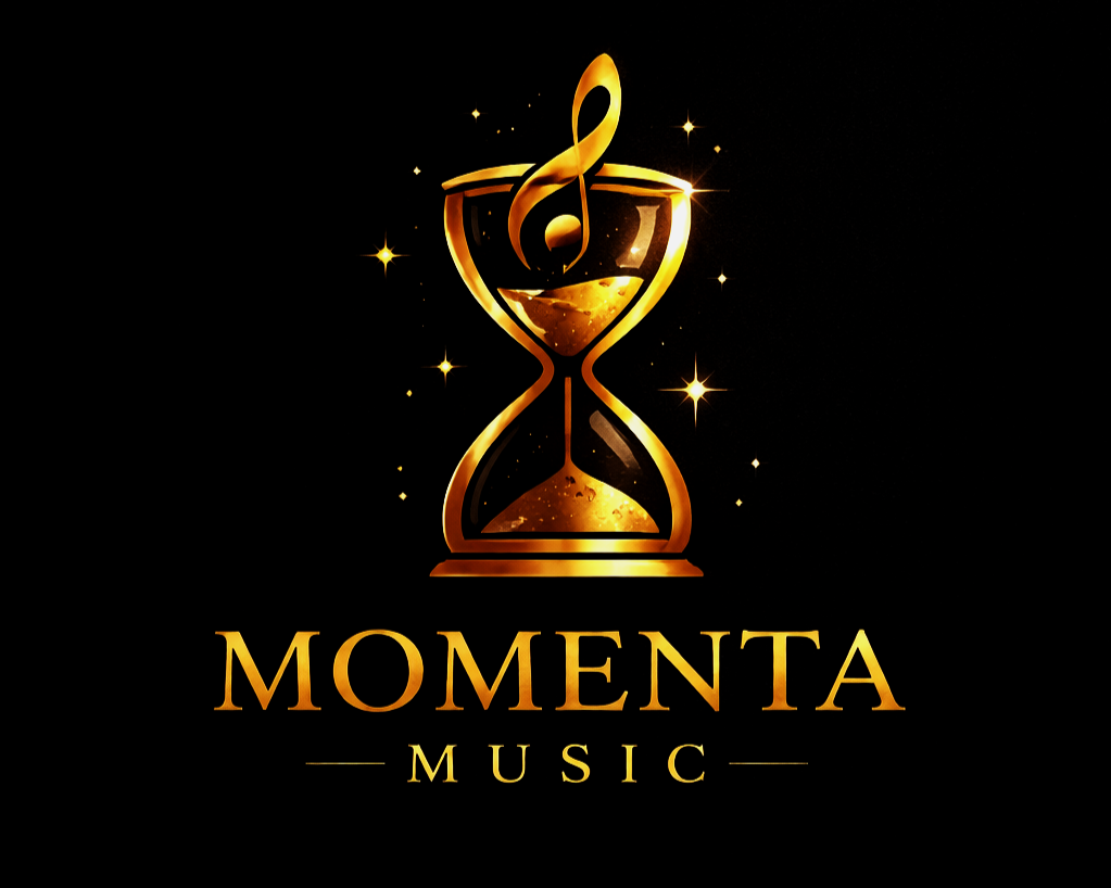A gold and black logo for 'Momenta Music' featuring an hourglass with a musical note inside, surrounded by stars and sparkles.