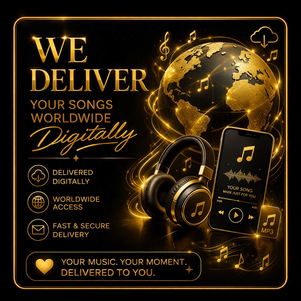 Digital advertisement for music delivery services featuring a glowing gold globe, a pair of headphones, and a smartphone with a music app, emphasizing worldwide access, secure digital delivery, and personalized music moments.
