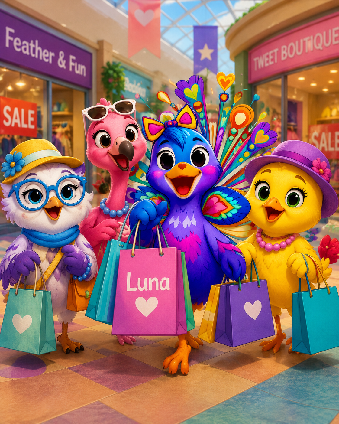 Four colorful animated bird characters shopping with shopping bags in a shopping mall, with stores and sale signs in the background.