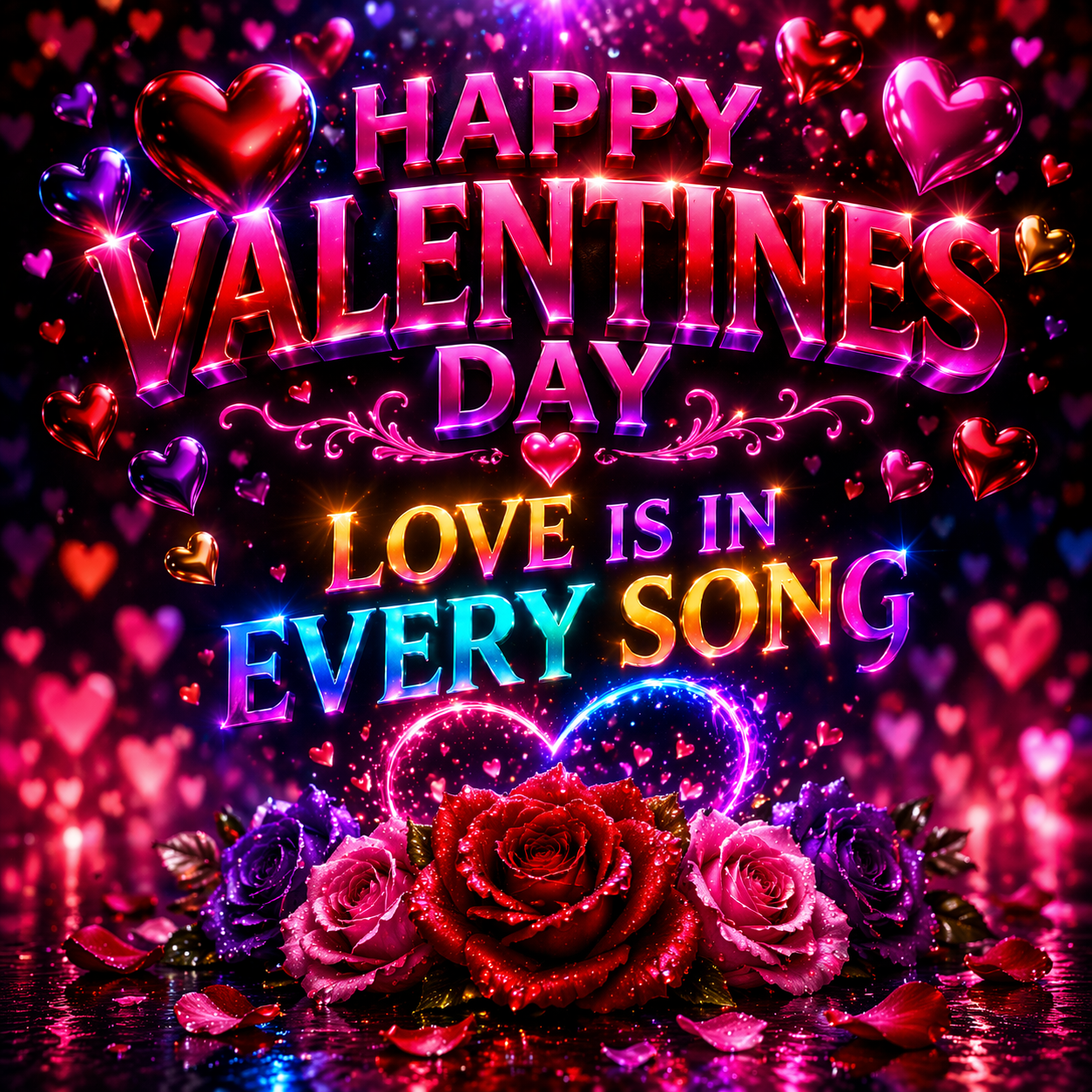 Colorful digital artwork with the message 'Happy Valentine's Day, Love is in every song' in vibrant, glowing letters, surrounded by floating hearts and roses.