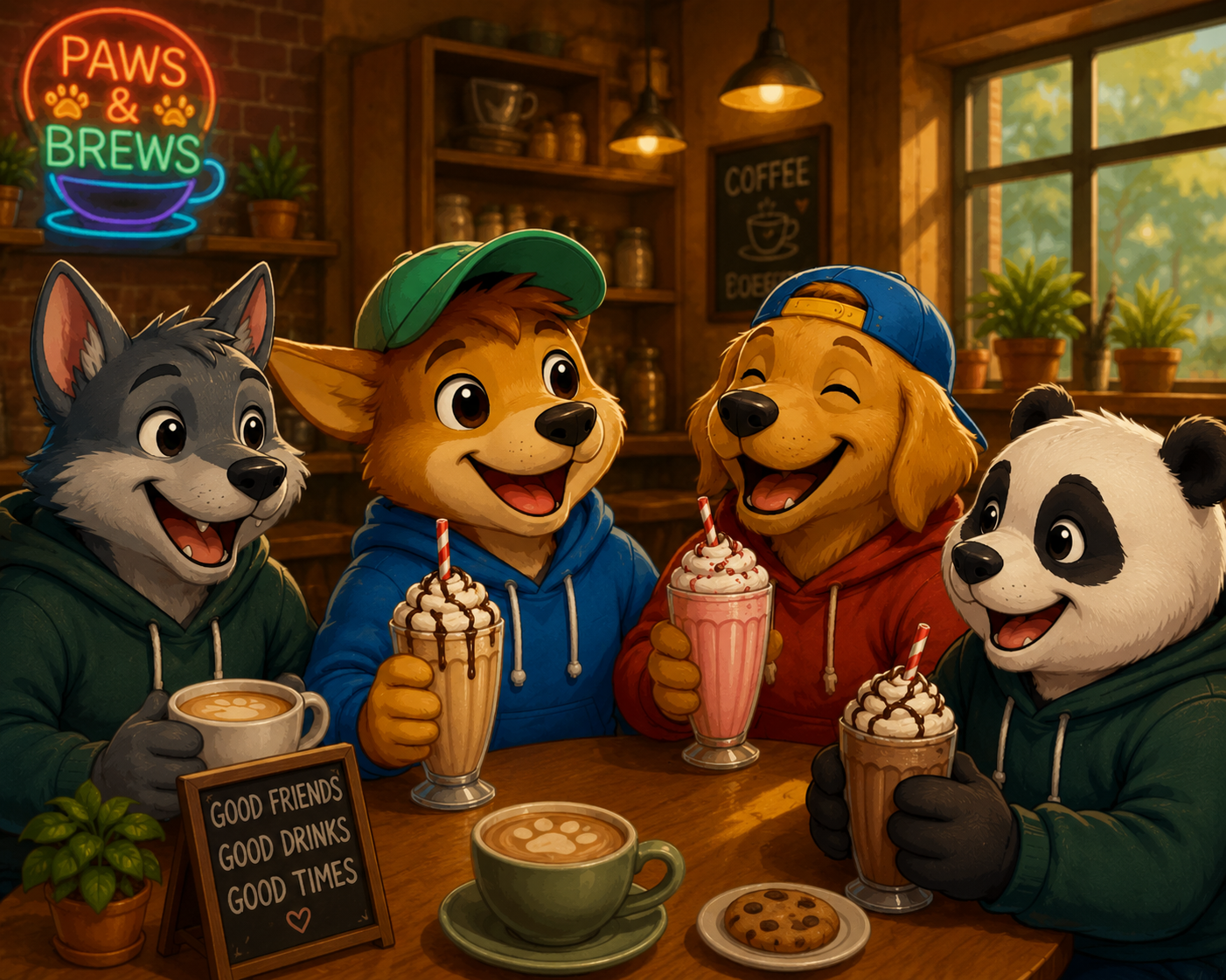 Four anthropomorphic animals, including a wolf, a dog, a retriever and a panda, sitting at a coffee shop table, smiling and holding drinks topped with whipped cream and chocolate, with a sign that says 'Good friends, good drinks, good times' and a cozy, warmly lit interior.