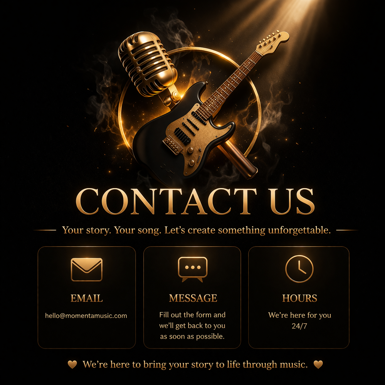 A graphic design featuring a vintage microphone, electric guitar, and a circular light with abstract smoke and sparks in a black background, with 'Contact Us' text and icons for email, message, and hours for music-related inquiries.