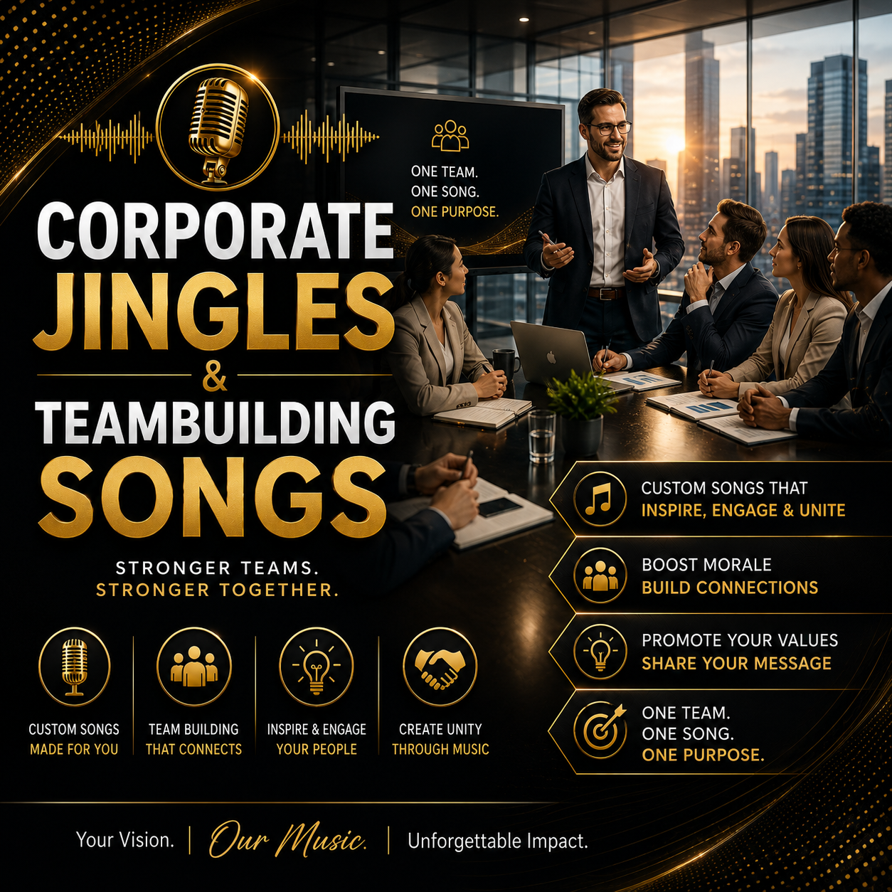 A group of business professionals in a modern office with city skyline views, attending a presentation about corporate jingles and team-building songs. The presentation emphasizes team unity, morale, and inspiring messages through music.