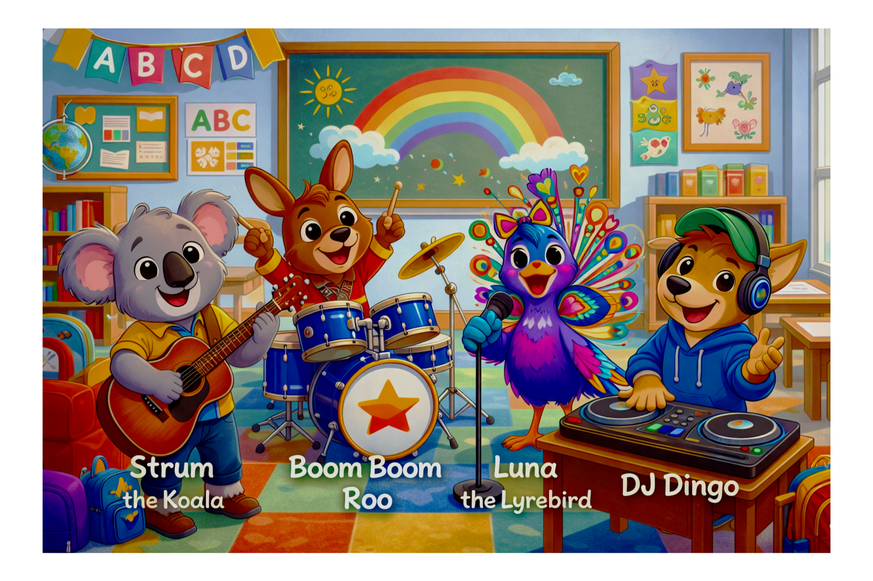 Colorful animated scene of animal characters playing music in a classroom decorated with rainbow and educational posters. Characters include Koala with guitar, Rabbit on drums, Lyrebird singing into a microphone, and Dingo DJing with headphones. Labels identify the characters as Strum the Koala, Boom Boom Roo, Luna the Lyrebird, and DJ Dingo.