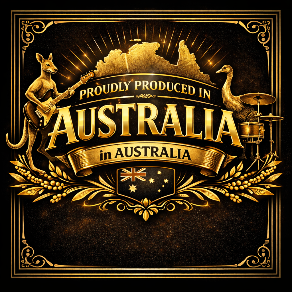 Gold and black decorative design with kangaroo playing guitar and emu on drums, map of Australia in the background, and text that says 'Proudly Produced in Australia in Australia' with Australian flag.