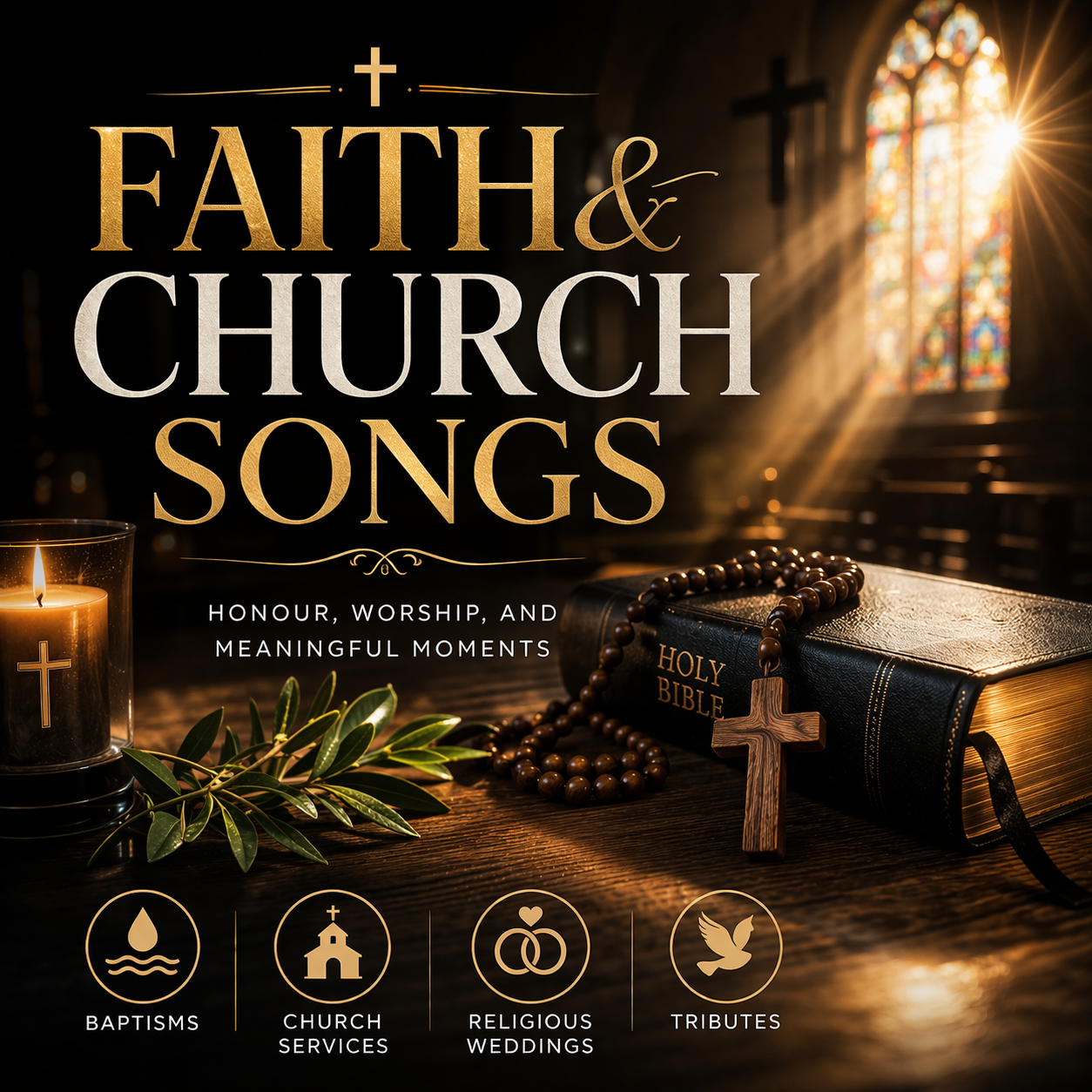 A religious-themed promotional image featuring a lit candle with a cross, a Holy Bible with a rosary, and a window with stained glass sunlight. Overlaid text highlights faith, church, songs, and meaningful moments, with icons representing baptisms, church services, religious weddings, and tributes.